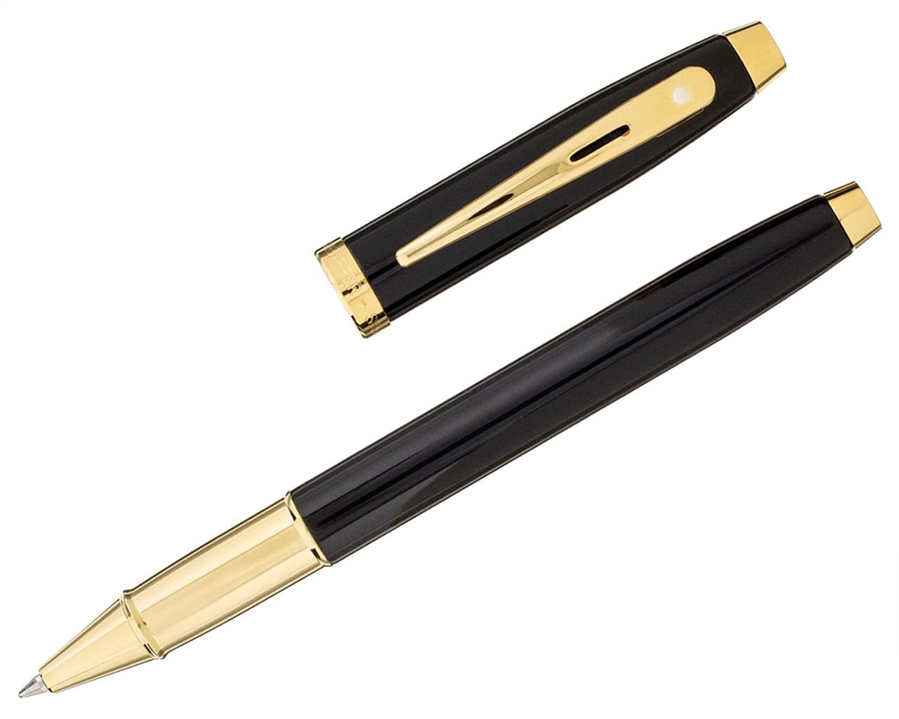 Sheaffer 100 Black Lacquer with Signature gold mid band and Gold plated Appointments Rollerball pen and Pouch Sheaffer