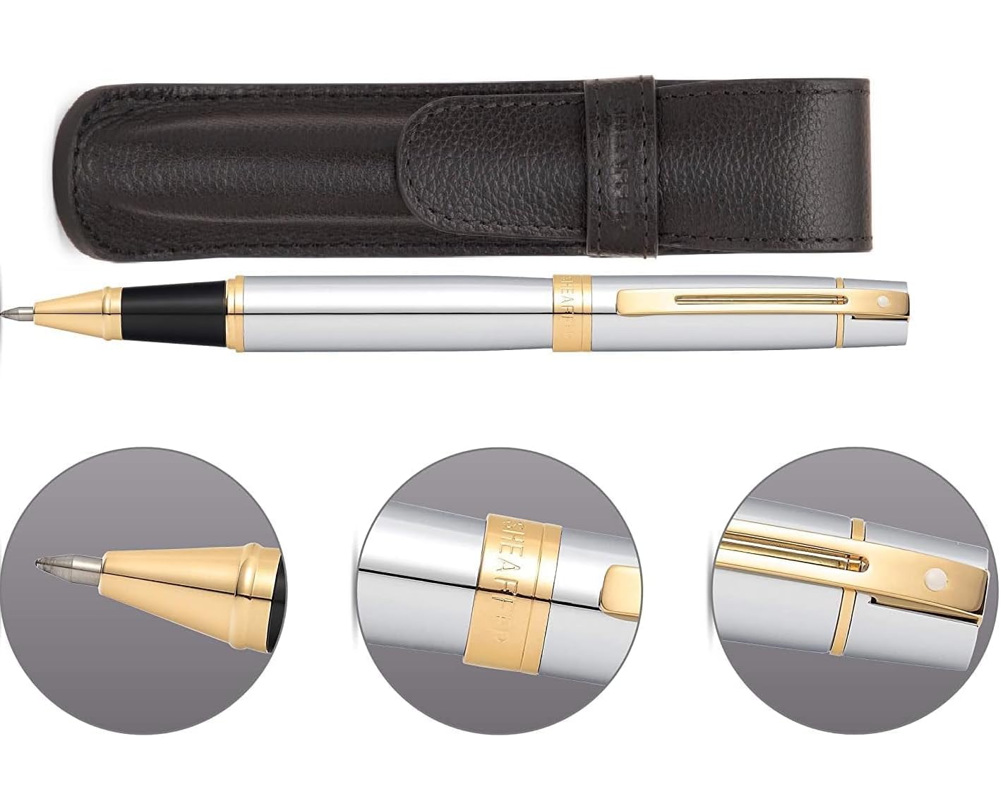 Sheaffer 300 Chrome with Gold Trim Pen and Leather Pouch Gift Set Sheaffer