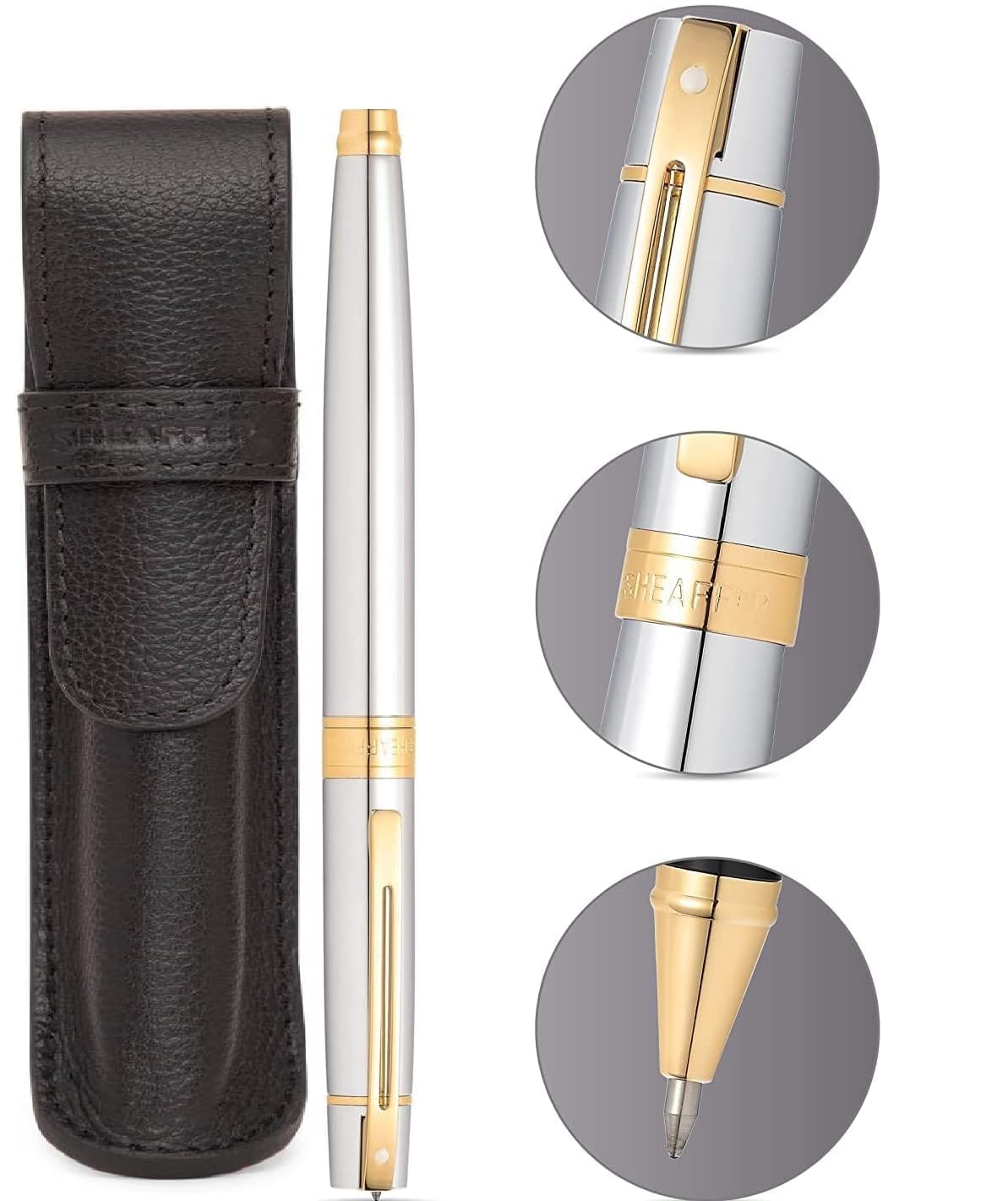 Sheaffer 300 Chrome with Gold Trim Pen and Leather Pouch Gift Set Sheaffer