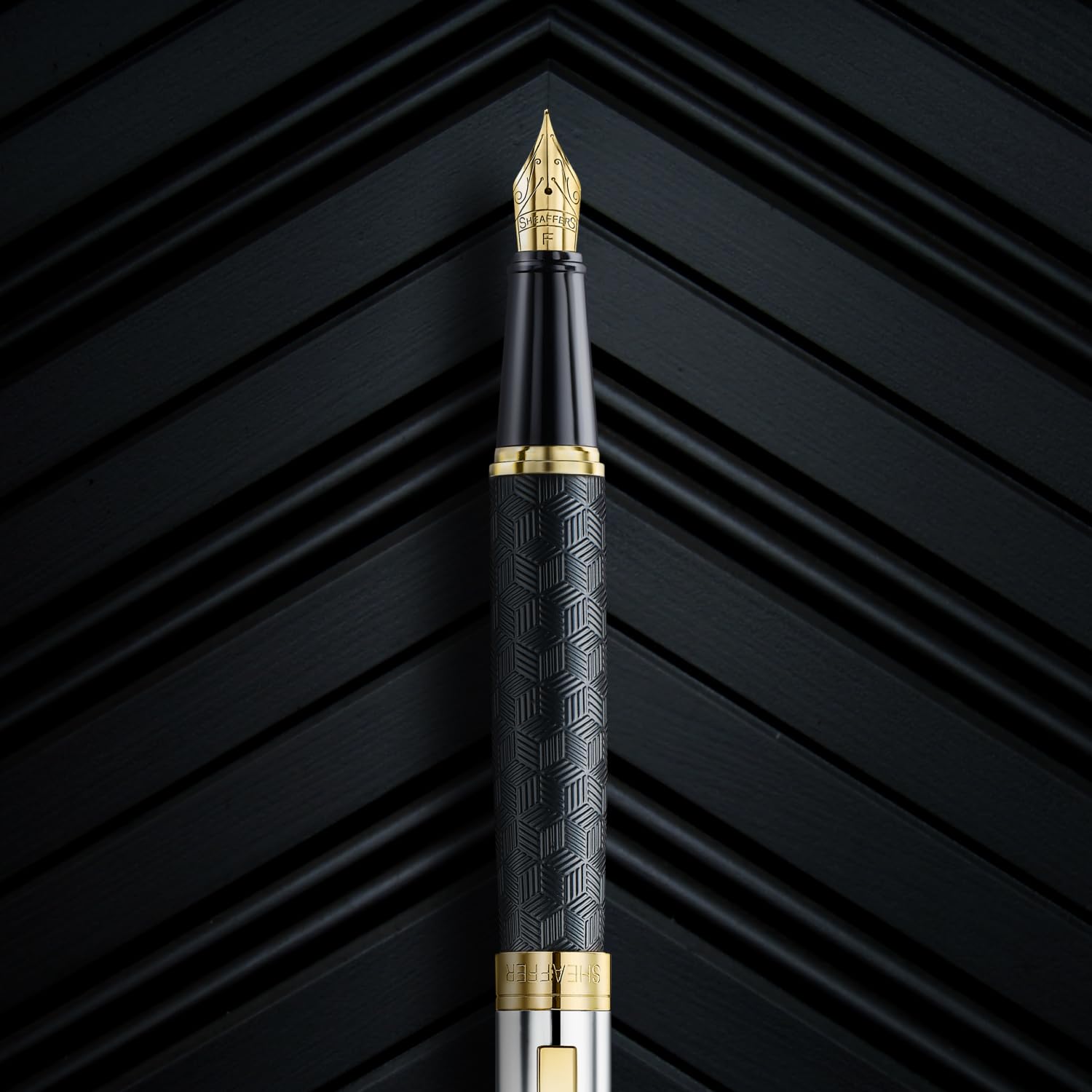 Sheaffer 300 E9347 Engraved Matt Black Barrel and Shiny Chrome Cap with PVD Gold Trims Sheaffer