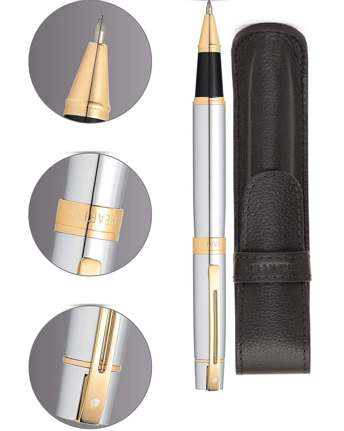 Sheaffer 300 Chrome with Gold Trim Pen and Leather Pouch Gift Set Sheaffer