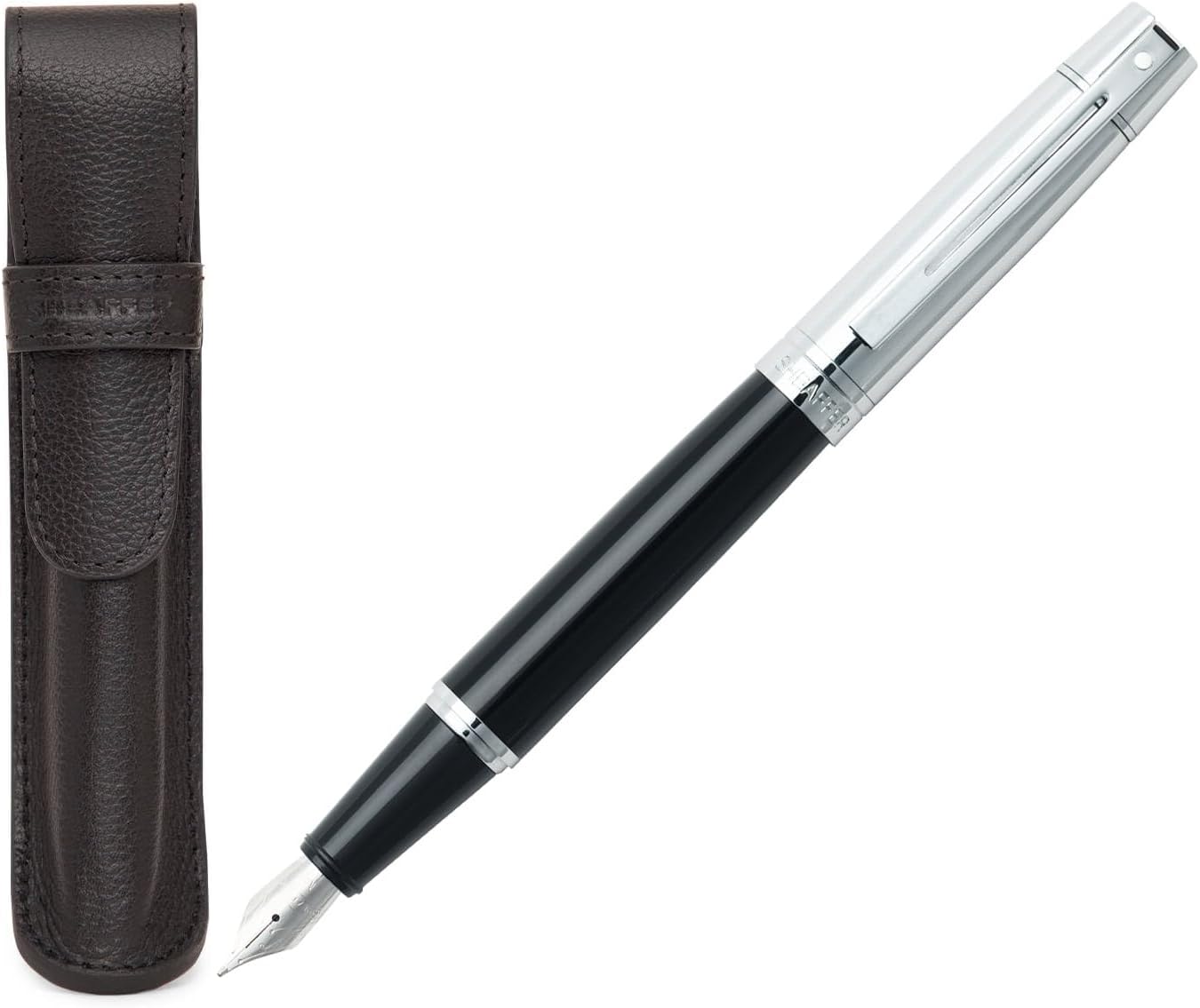 Sheaffer 300 Glossy Black Fountain Pen with Bright Chrome Cap, Chrome-Plated Trim and Matching Pouch gift Set Sheaffer