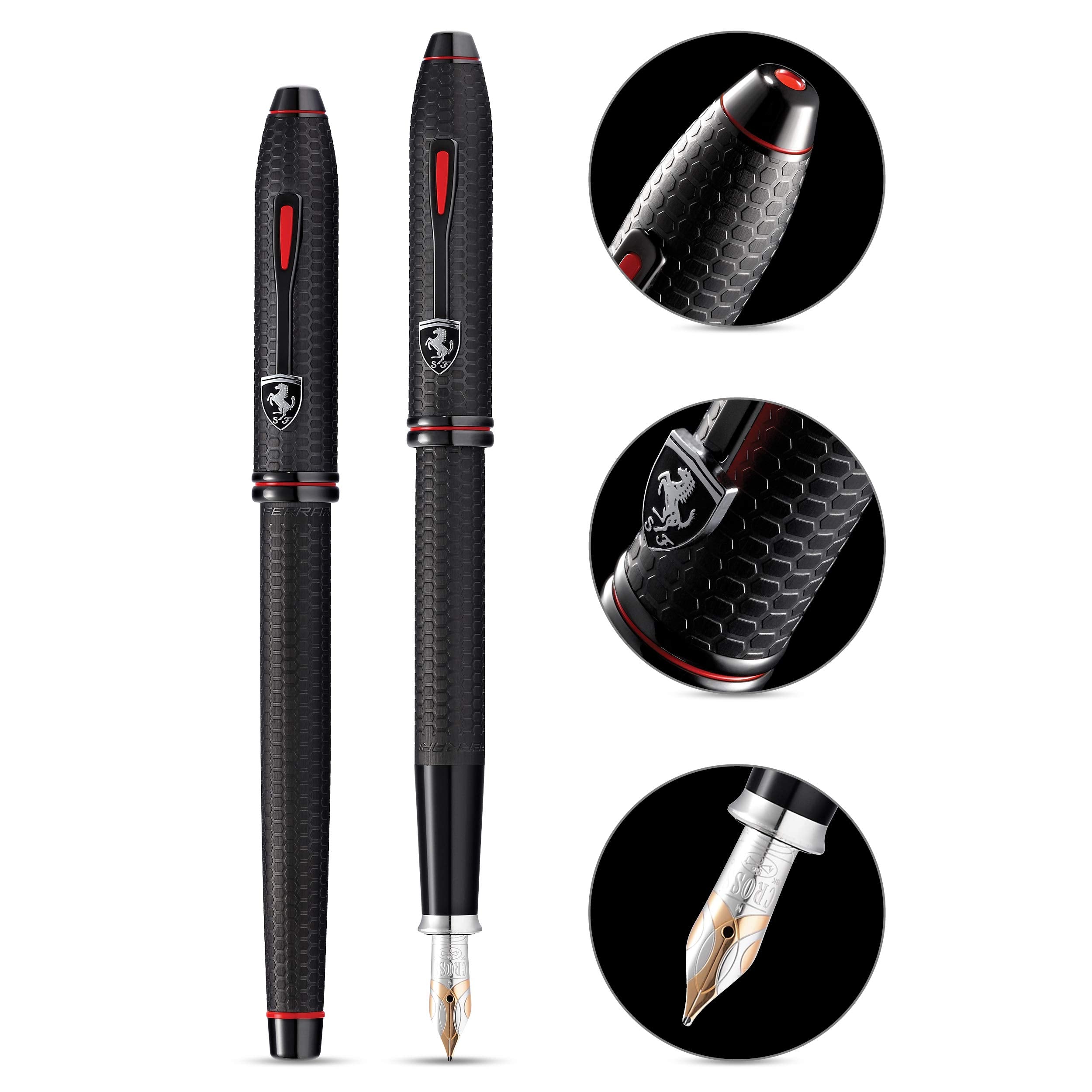 Cross Townsend Collection for Scuderia Ferrari - Brushed Black, Etched Honeycomb Pattern Fountain Pen with Two-Tone 18KT Gold & Rhodium-Plated Medium Nib Cross