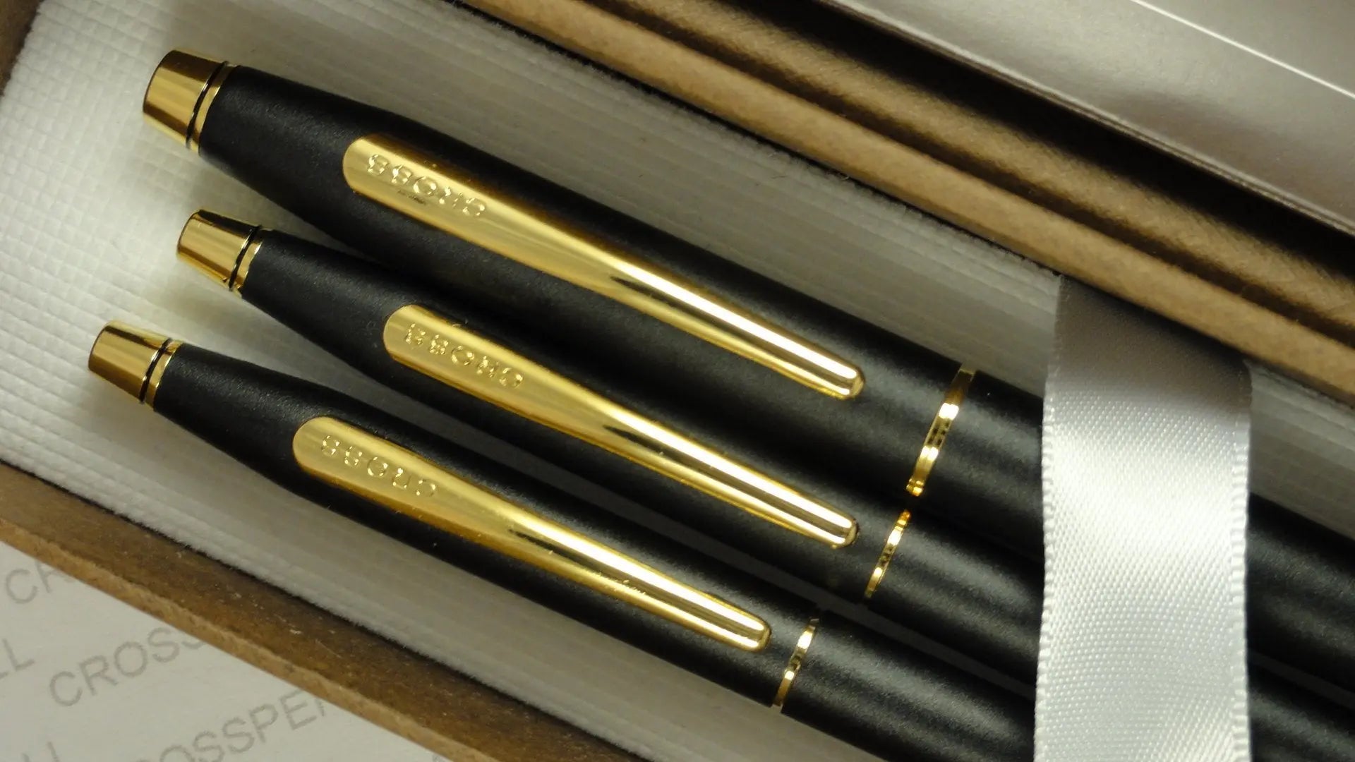 A.T CROSS Made in The USA Century Classic Trio of Satin Matte Black and 23k Gold Appointment Selectip Rollerball Pen, Ball-Point Pen and 0.5MM Pencil Set. - crosspenmall.com