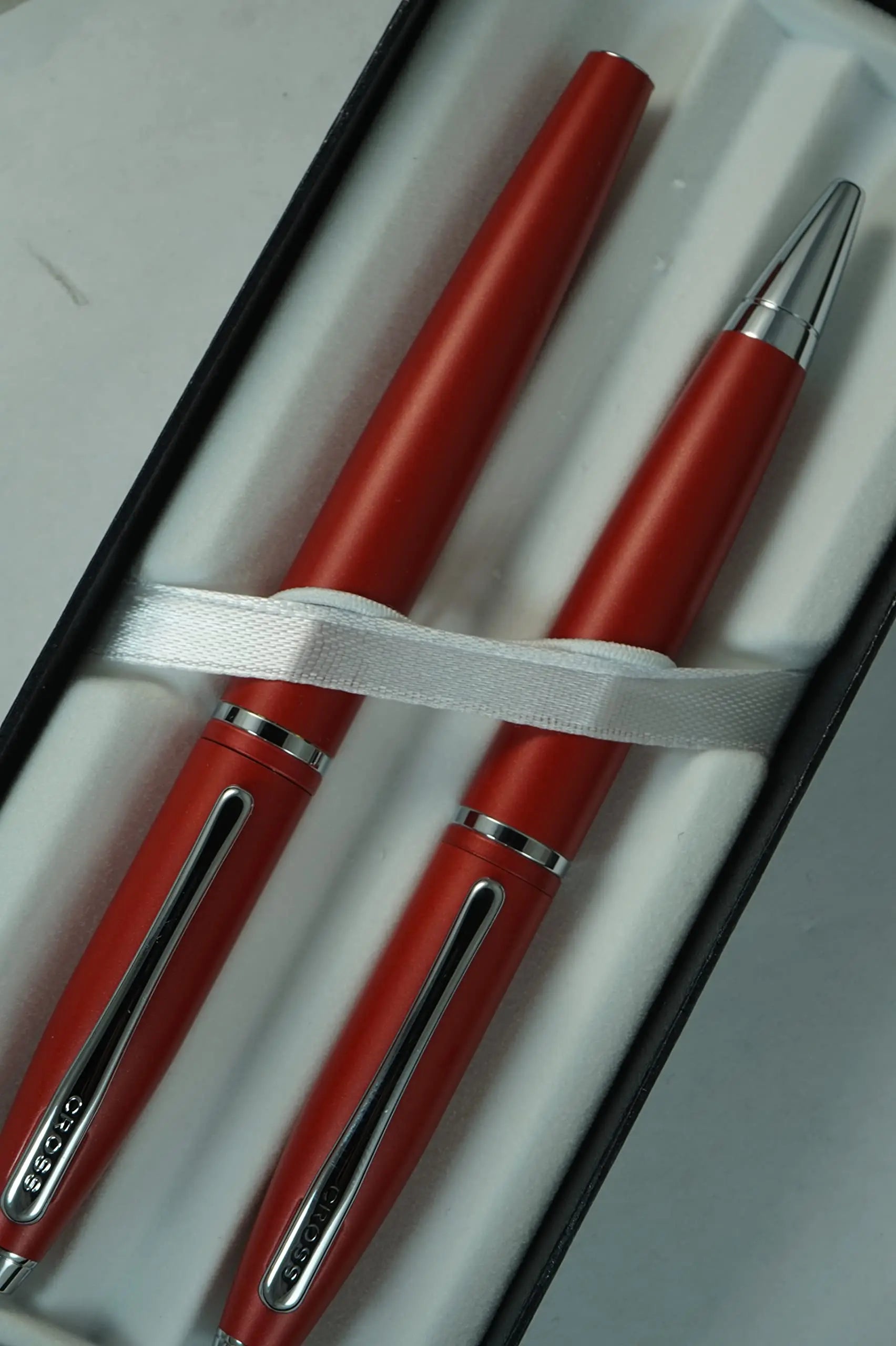 A.T. Cross Cross Matte Deep Red with, polished Chrome Appointments and signature mid Band Calaise Selectip Black Gel Ink Rollerball pen Ballpoint set. A Great Gift anyone any Occasion Cross