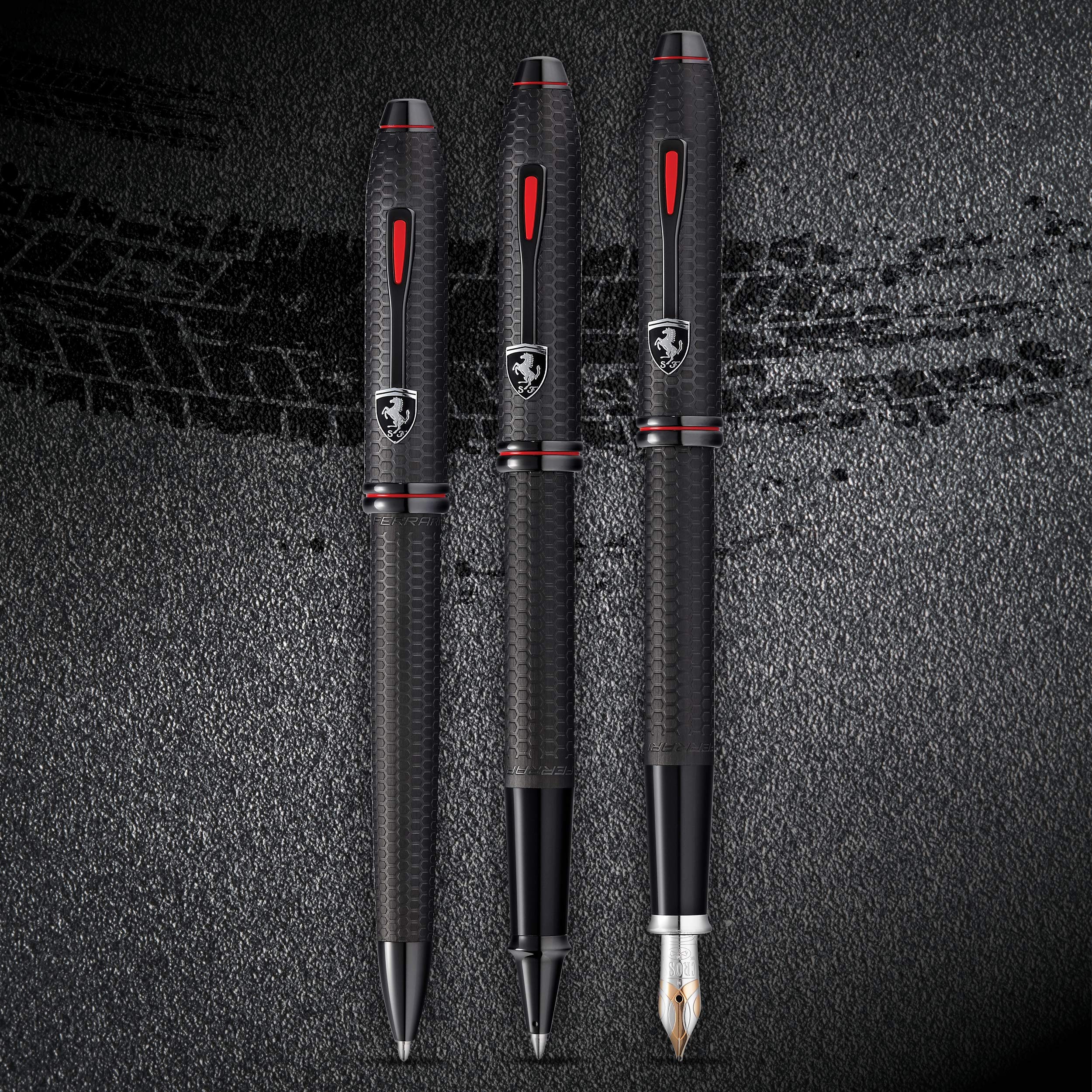 Cross Townsend Collection for Scuderia Ferrari - Brushed Black, Etched Honeycomb Pattern Fountain Pen with Two-Tone 18KT Gold & Rhodium-Plated Medium Nib Cross