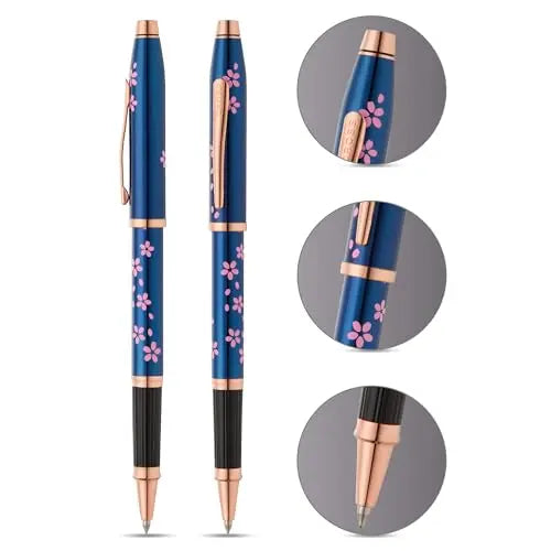Blue Lacquer Rollerball Pen with Century II Cherry Blossom Design by A.T. Cross Cross