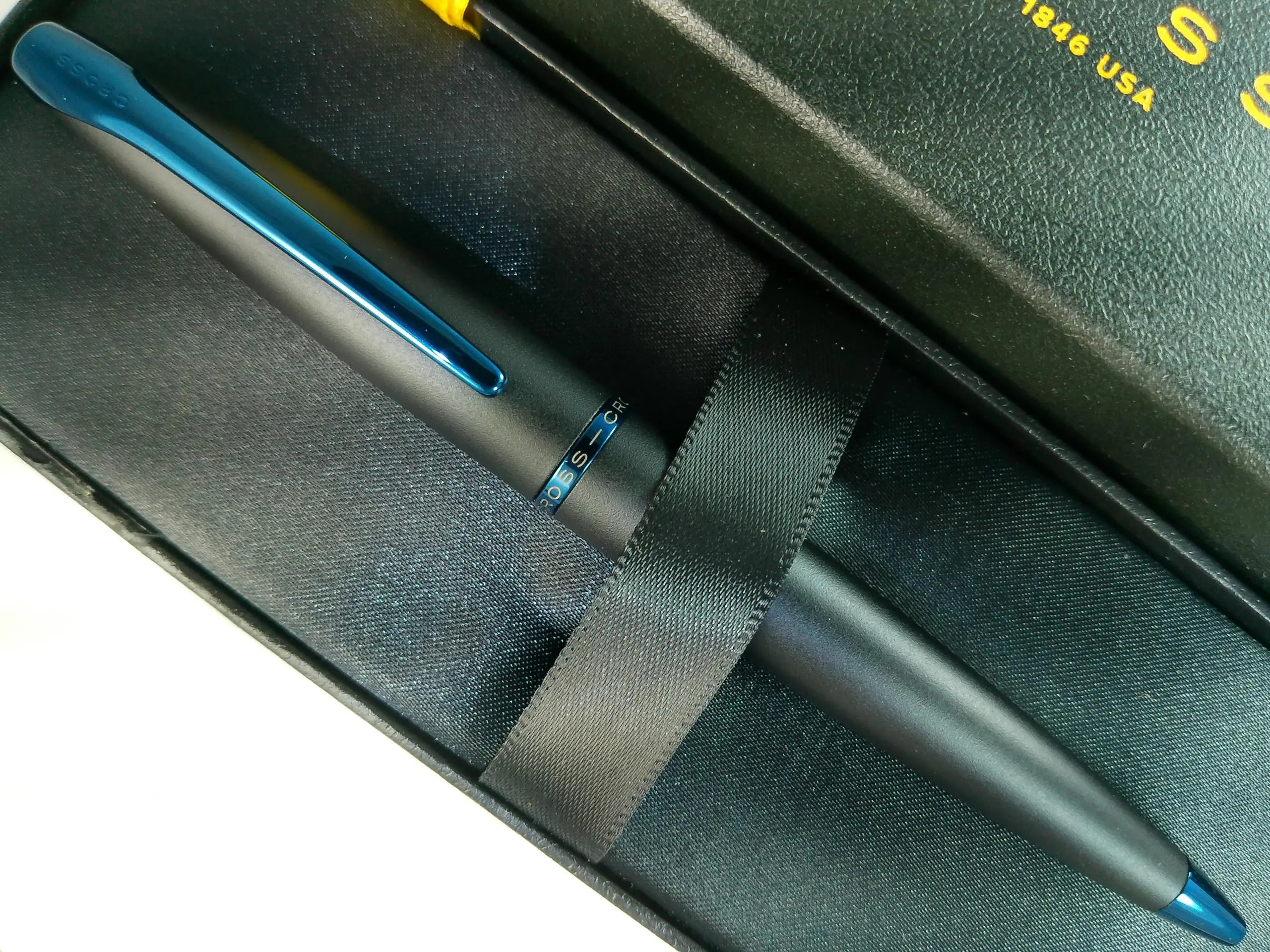 Cross ATX Refillable Special Edition Basalt black Ballpoint Pen signature blue PVD clip, finial, and center band Cross