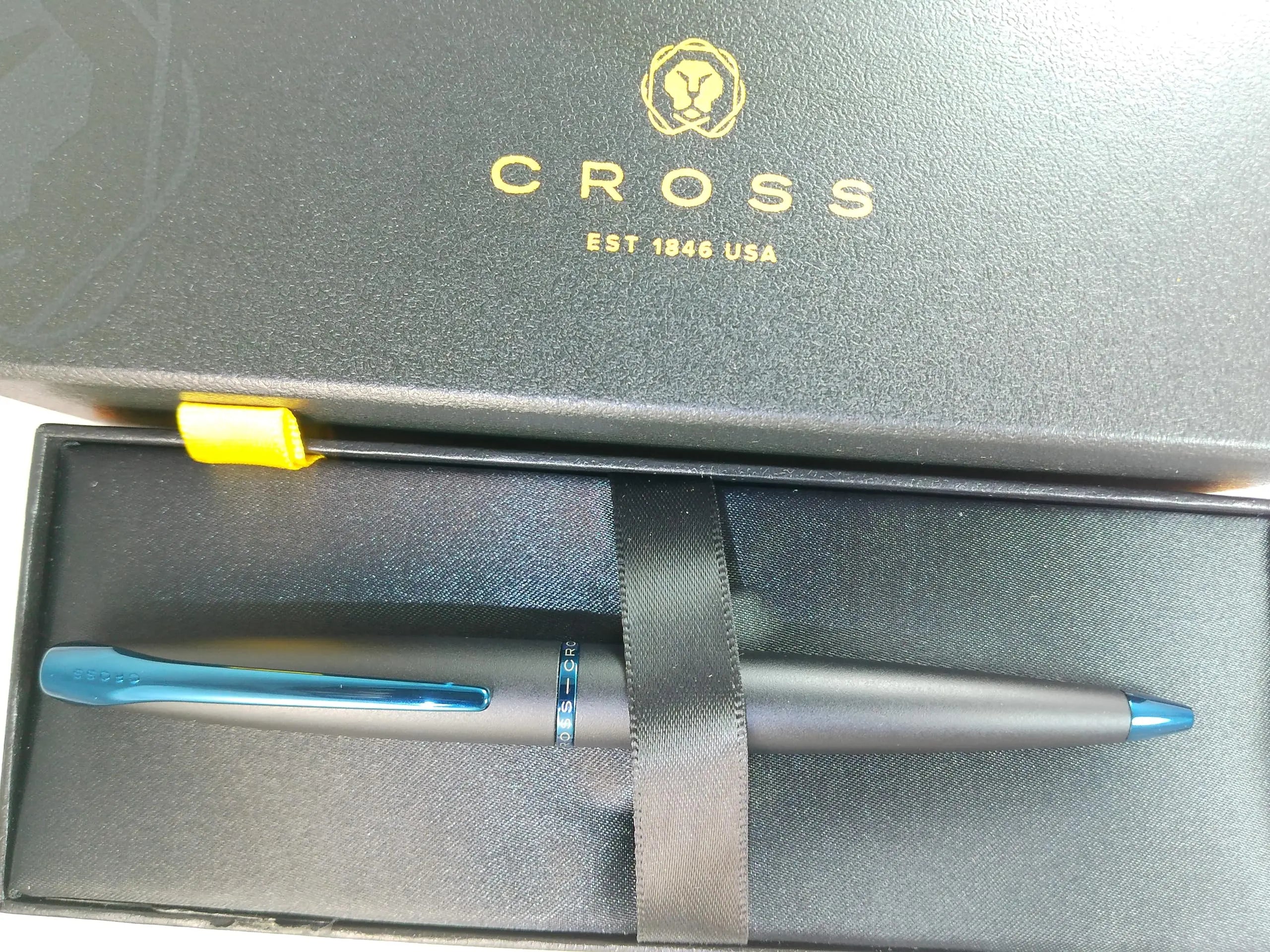 Cross ATX Refillable Special Edition Basalt black Ballpoint Pen signature blue PVD clip, finial, and center band Cross