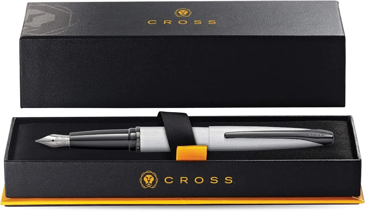 Cross ATX Sandblasted and Brushed Diamond pattern Barrel Fountain Presented in a Luxury Gift Box - Medium Stainless Steel Point, Black Ink, Chrome Metal cross