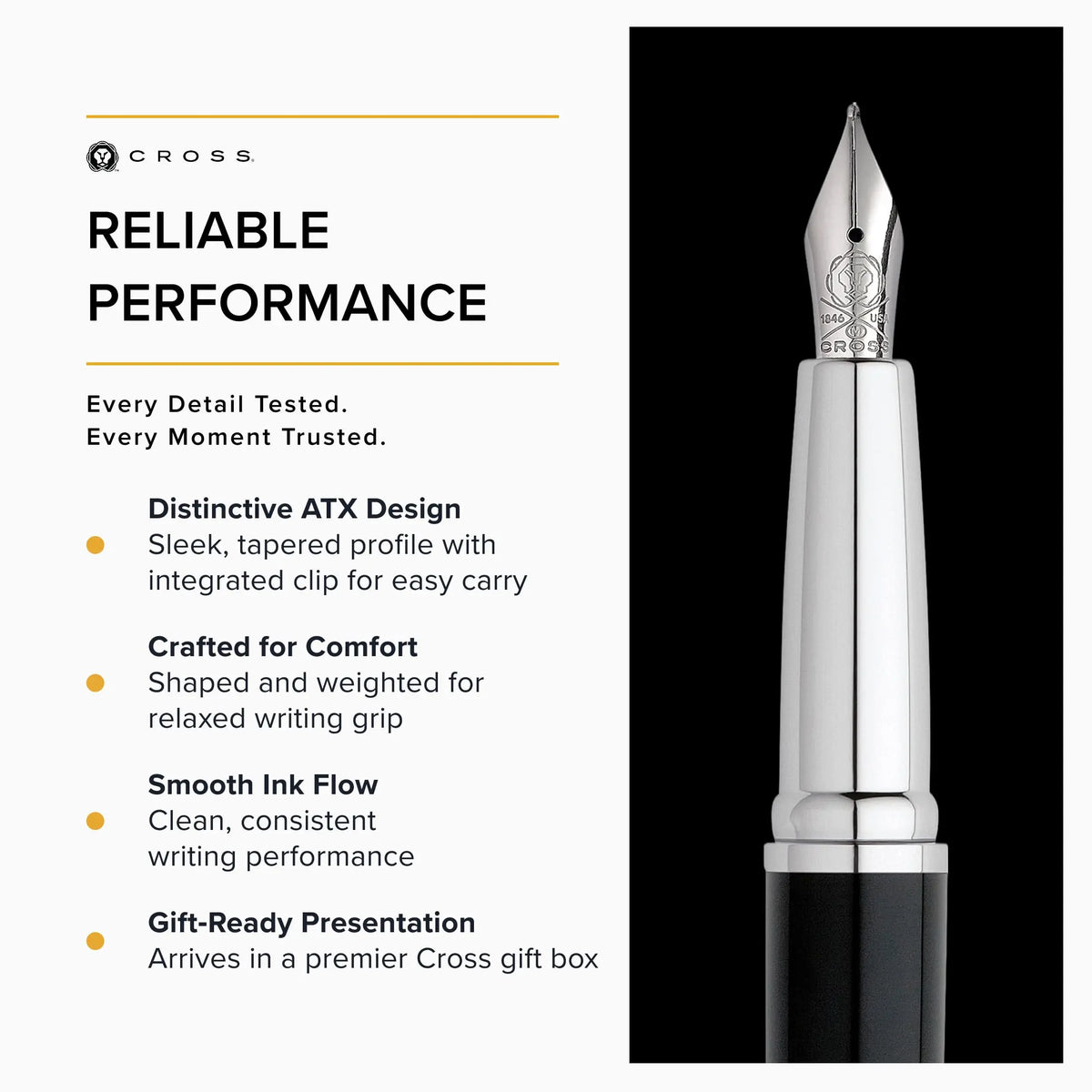 Cross ATX Stainless Steel Fine Nib Fountain Pen - Refillable Pen for Smooth Writing - Black Ink - Comfortable Grip - Long-Lasting - Professional Office Supplies cross
