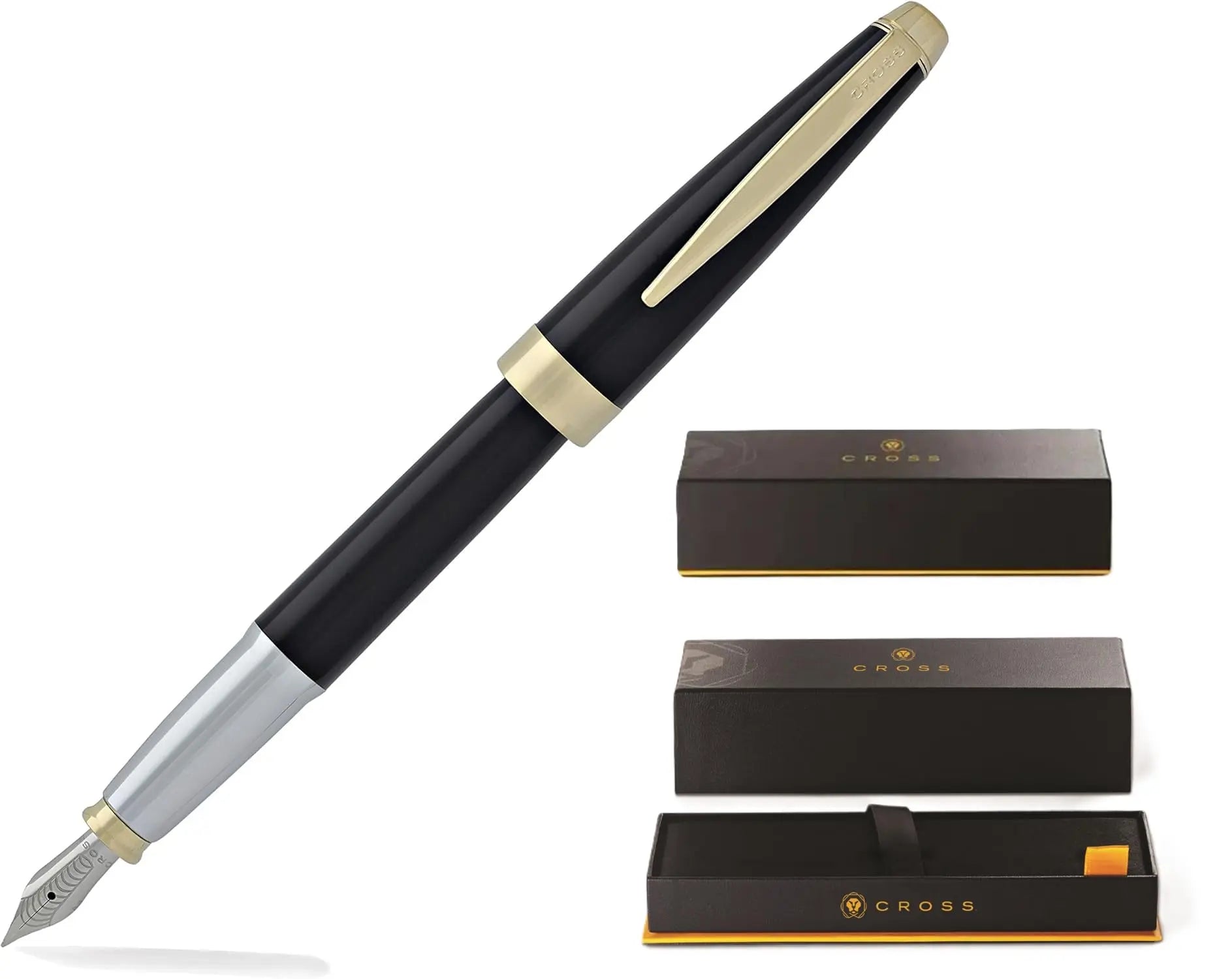 Cross Aventura Black and Gold Fountain Pen with Pronounced Gold tone Mid band, Medium Nib, Premium Gift box Cross