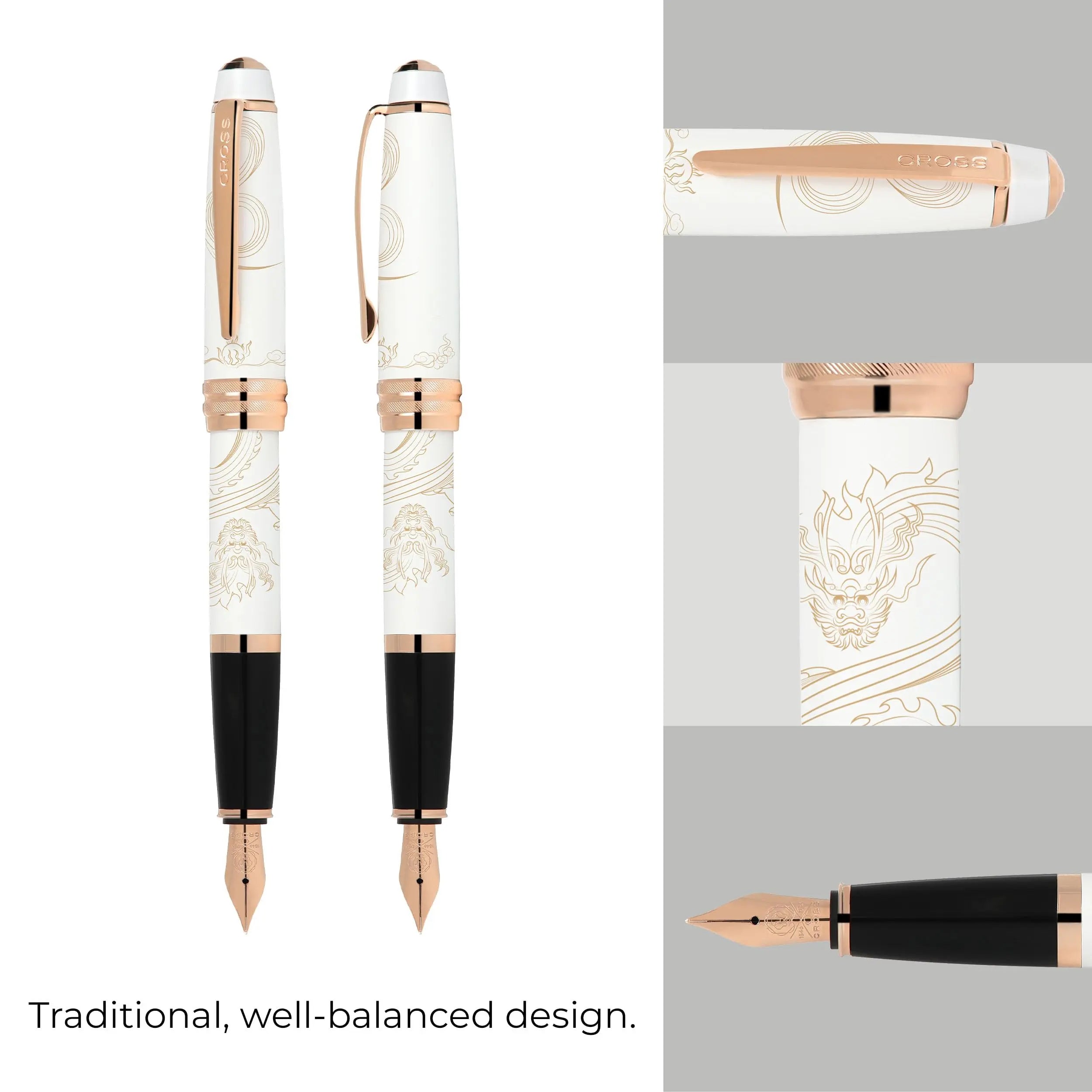 Cross Bailey 2024 Year of the Dragon Pearlescent White Lacquer Fountain Pen with Rose Gold Appointments - Fine Nib Cross