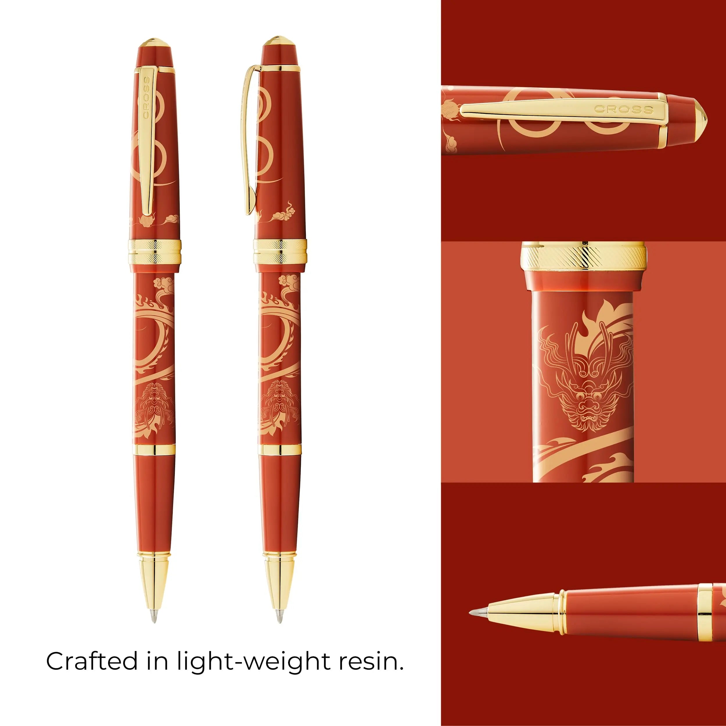 Cross Bailey Light 2024 Year of the Dragon Polished Amber Resin and Gold Tone Rollerball Pen with Pad Printing Cross