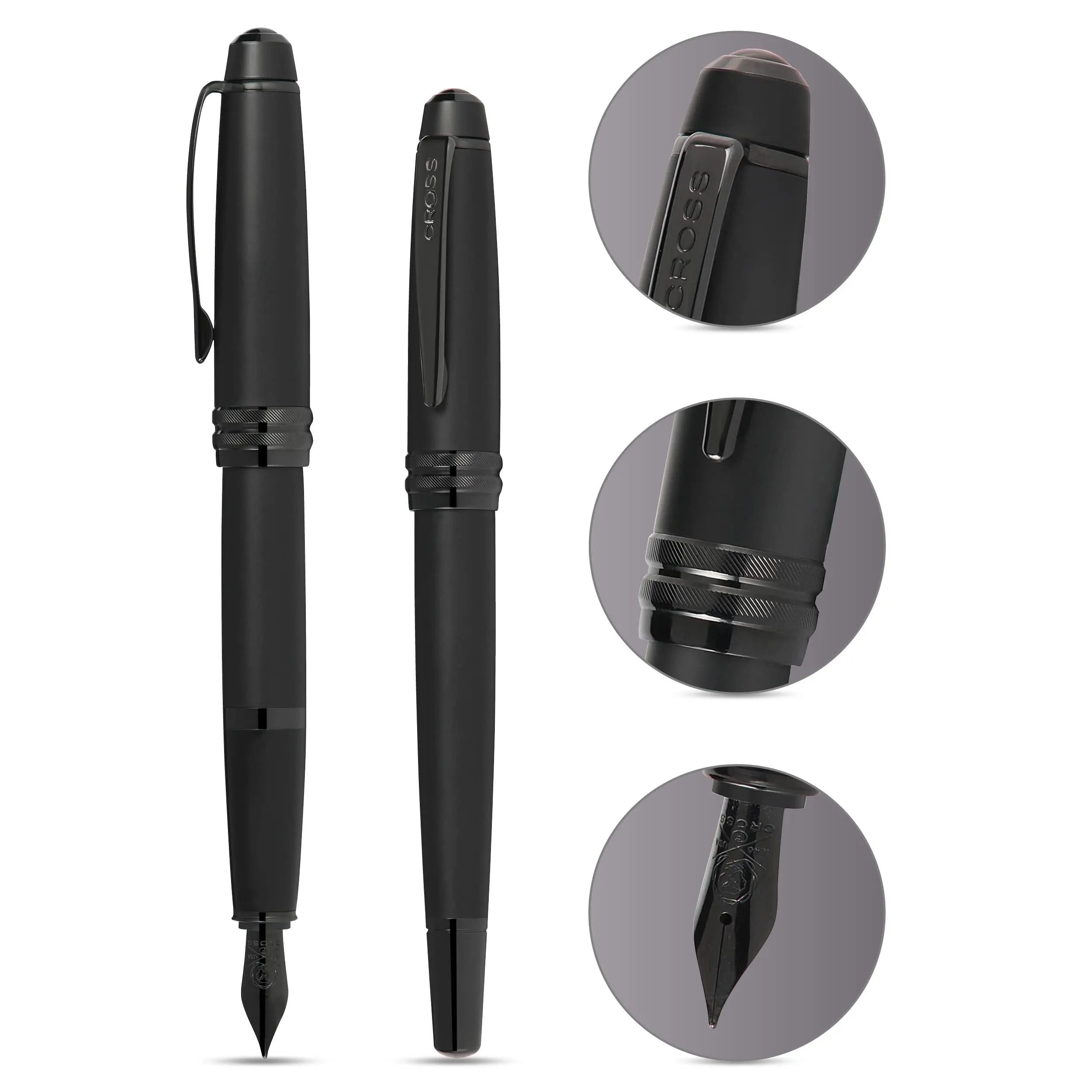 Cross Bailey Matte Black Lacquer Fountain Pen with polished black PVD appointments, Medium Nib Cross