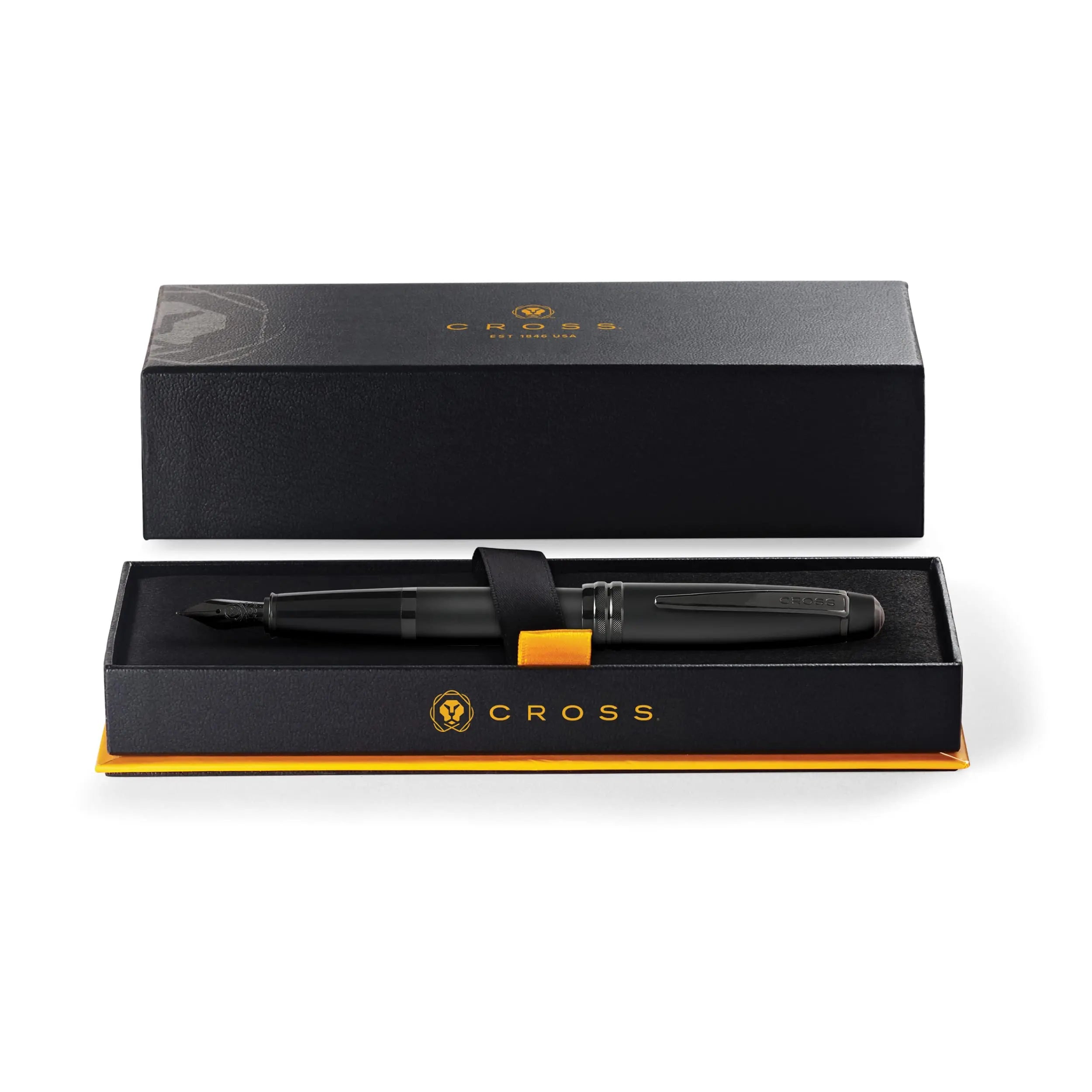 Cross Bailey Matte Black Lacquer Fountain Pen with polished black PVD appointments, Medium Nib Cross