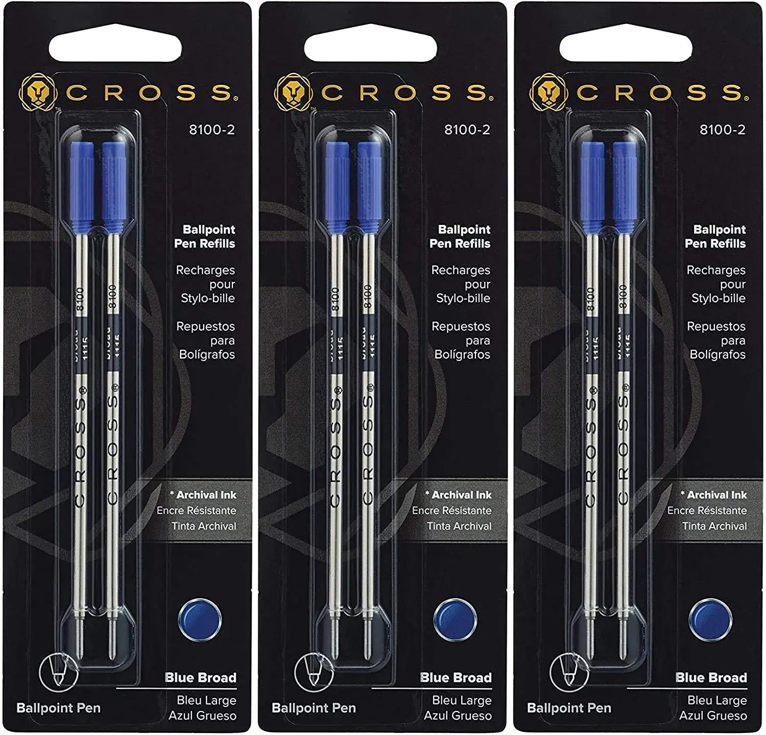 Cross Ballpoint Pen Refill, Broad Blue, 3 Pack 2 Per Card (8100-2) Cross