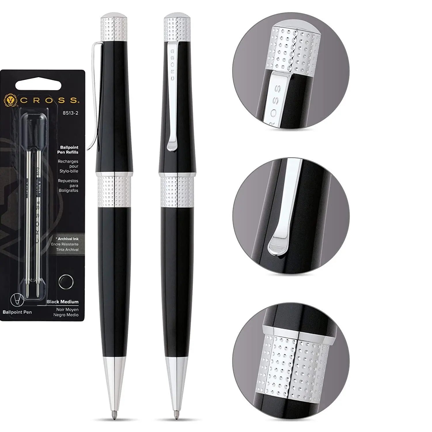 Cross Beverly Pearlescent Black with Pronounced Center Band, Contemporary Clip and Sophisticated Finishes Medium Point Ballpoint Pen + 2 Cross Ballpoint Refills, Black Ink in Corporate Gift Box Cross