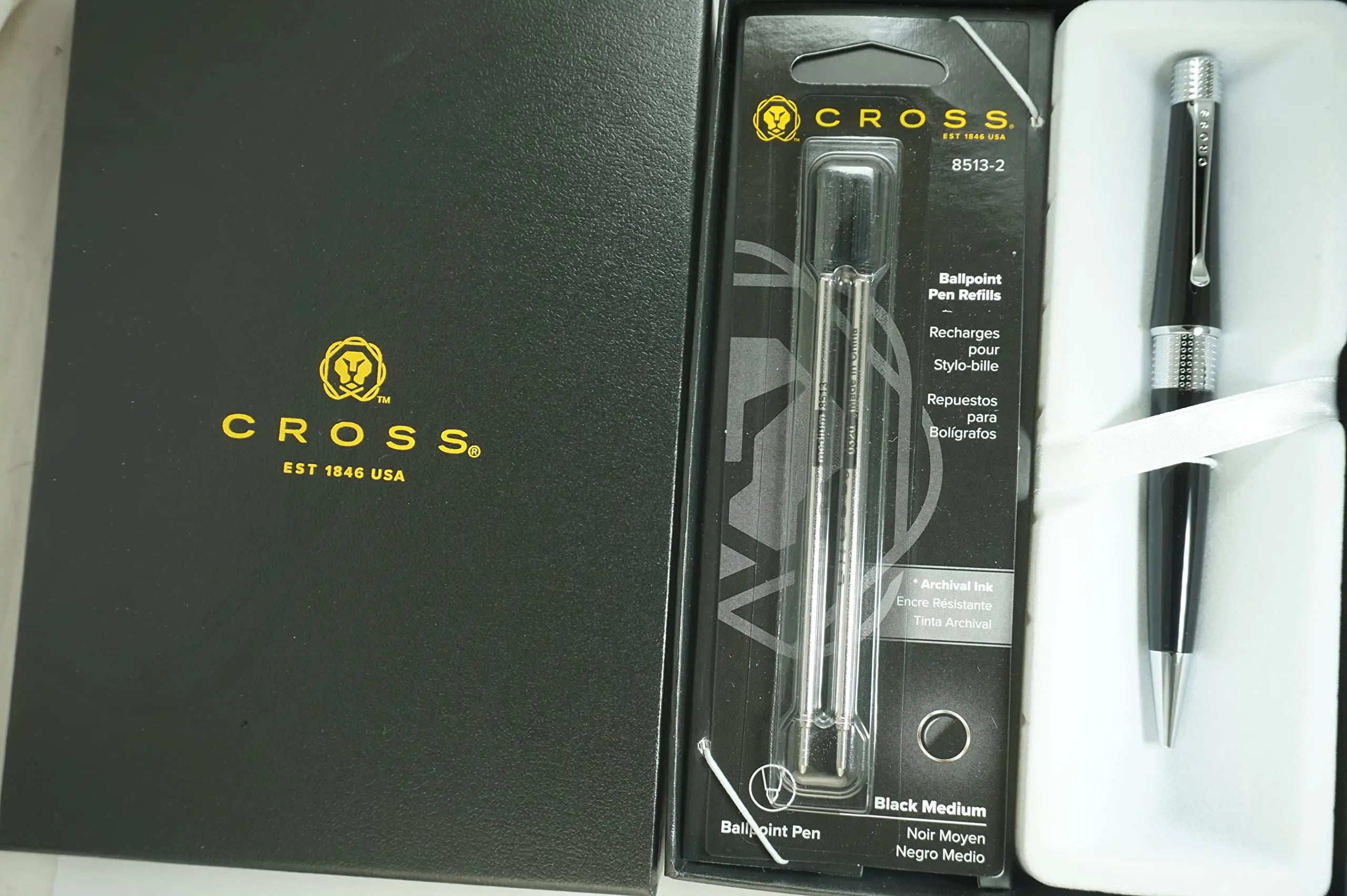 Cross Beverly Pearlescent Black with Pronounced Center Band, Contemporary Clip and Sophisticated Finishes Medium Point Ballpoint Pen + 2 Cross Ballpoint Refills, Black Ink in Corporate Gift Box Cross