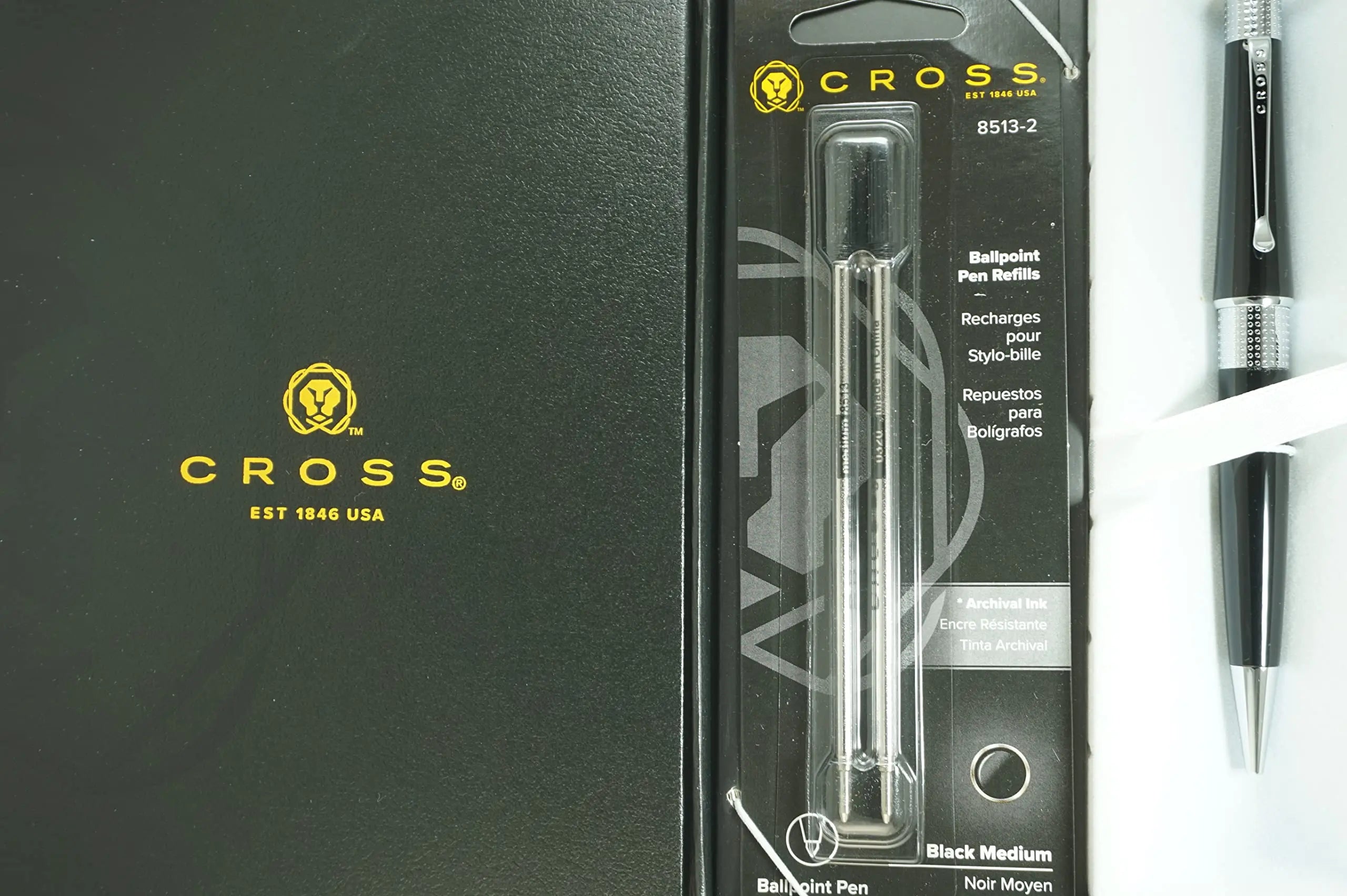 Cross Beverly Pearlescent Black with Pronounced Center Band, Contemporary Clip and Sophisticated Finishes Medium Point Ballpoint Pen + 2 Cross Ballpoint Refills, Black Ink in Corporate Gift Box Cross