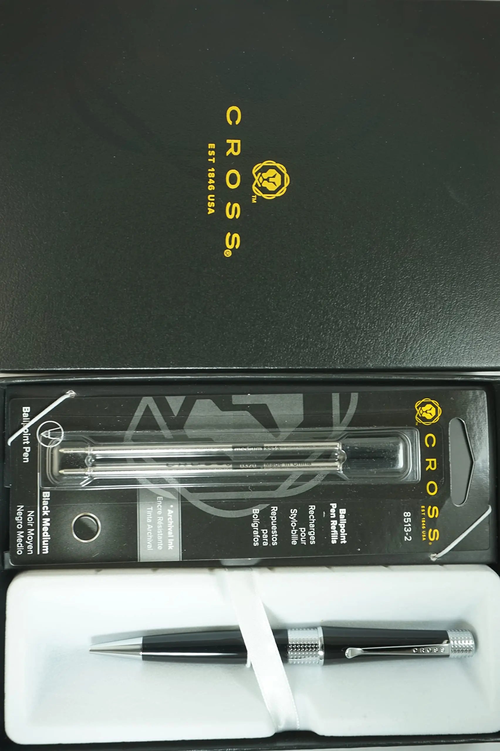 Cross Beverly Pearlescent Black with Pronounced Center Band, Contemporary Clip and Sophisticated Finishes Medium Point Ballpoint Pen + 2 Cross Ballpoint Refills, Black Ink in Corporate Gift Box Cross