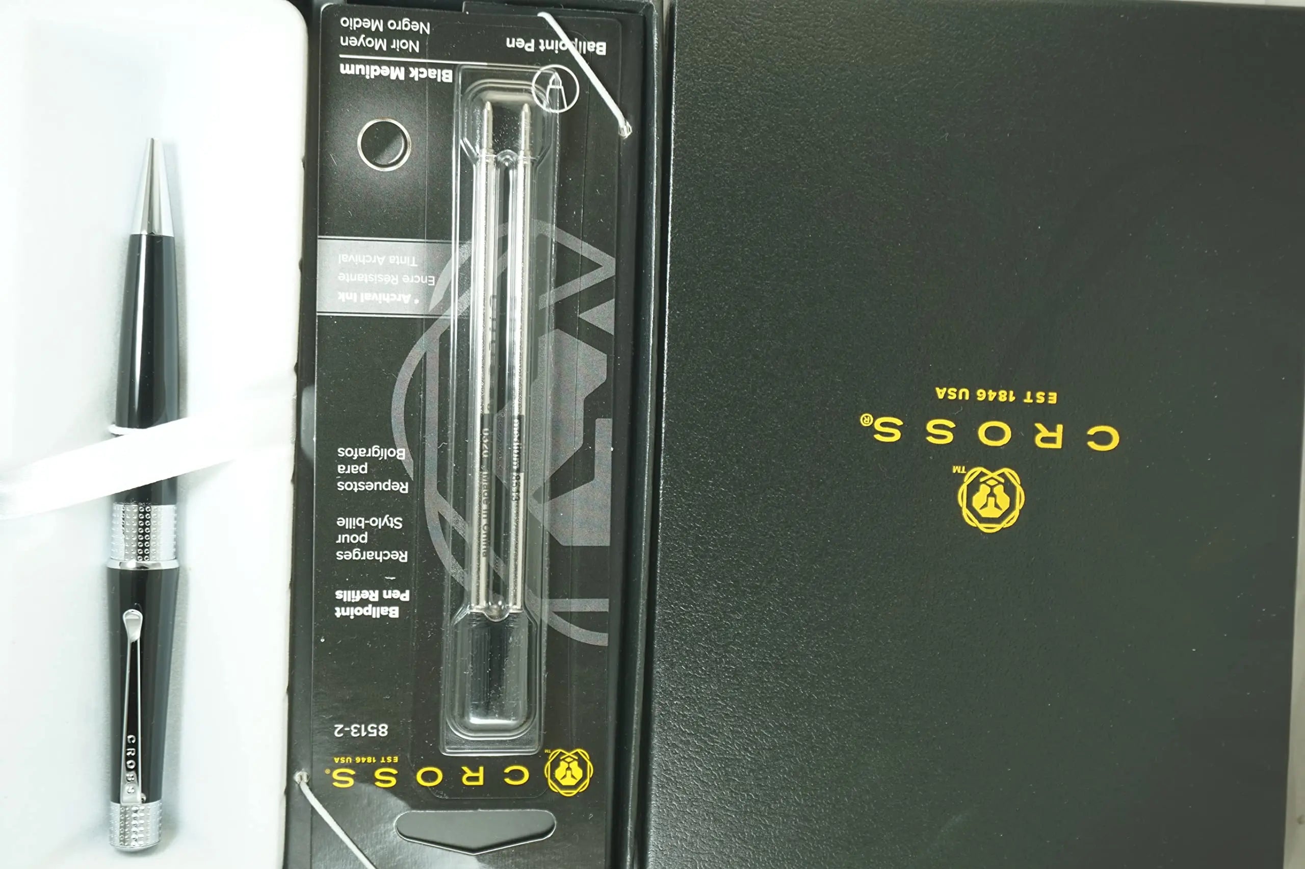Cross Beverly Pearlescent Black with Pronounced Center Band, Contemporary Clip and Sophisticated Finishes Medium Point Ballpoint Pen + 2 Cross Ballpoint Refills, Black Ink in Corporate Gift Box Cross