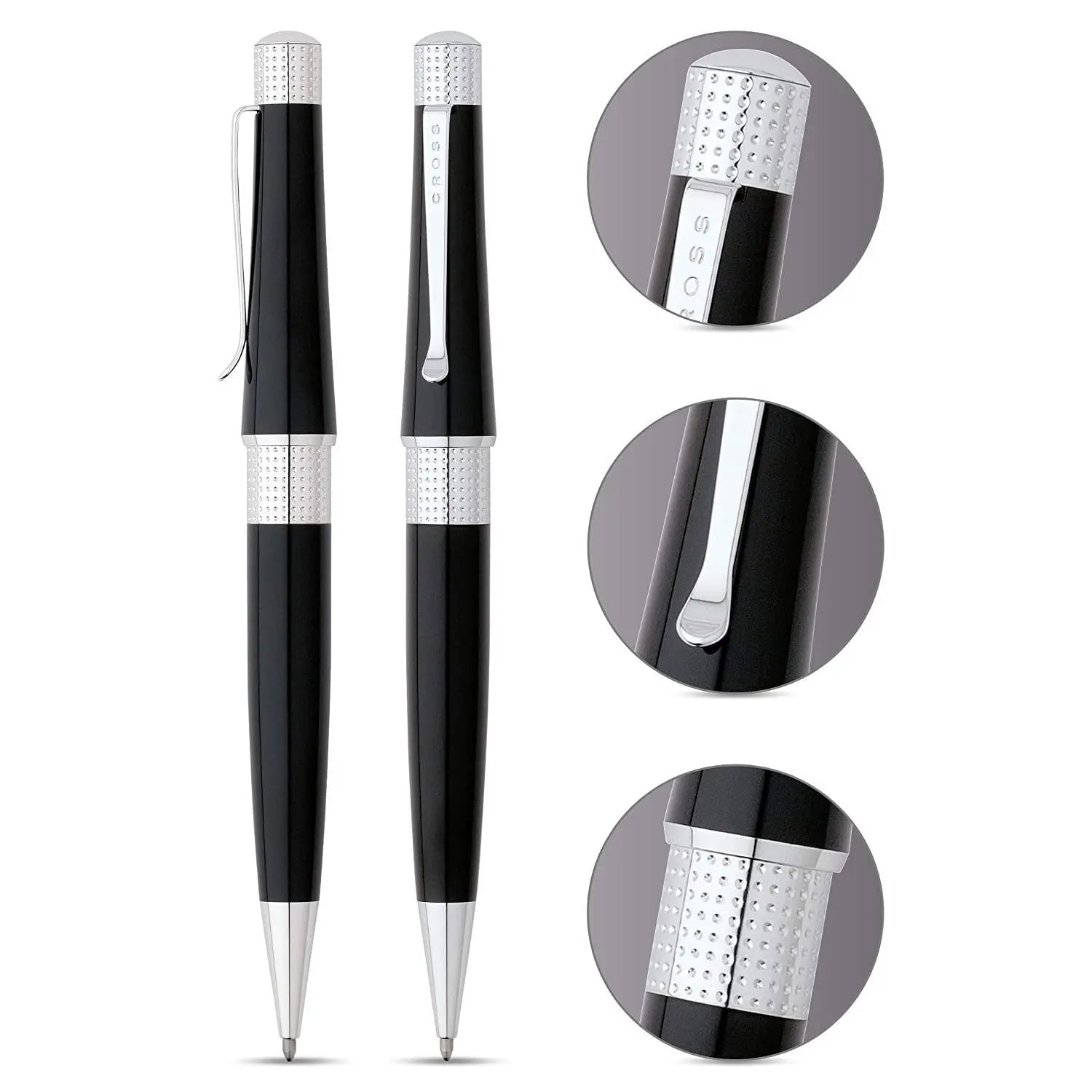 Cross Beverly Pearlescent Black with Pronounced Center Band, Contemporary Clip and Sophisticated Finishes Medium Point Ballpoint Pen + 2 Cross Ballpoint Refills, Black Ink in Corporate Gift Box Cross