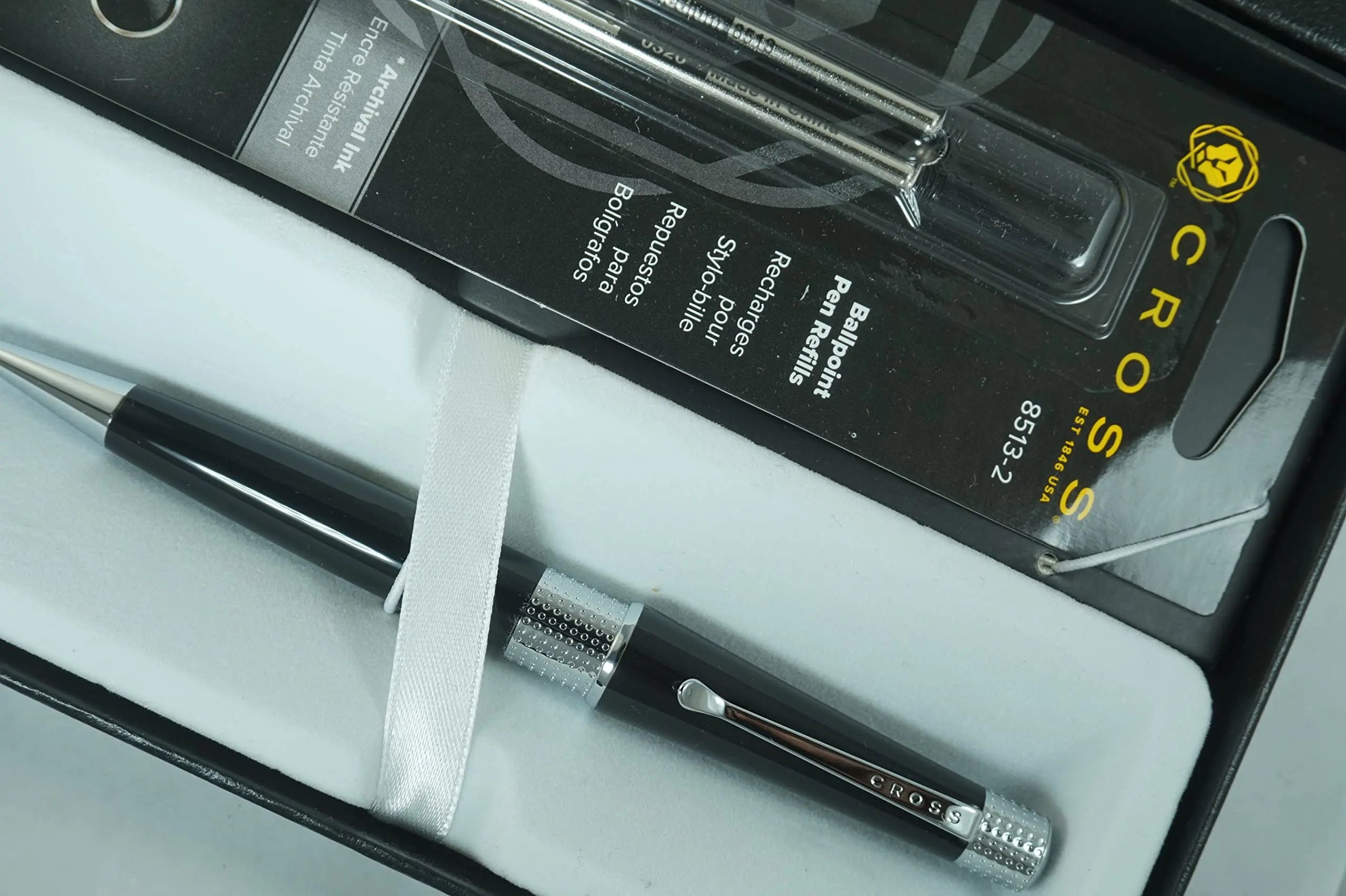 Cross Beverly Pearlescent Black with Pronounced Center Band, Contemporary Clip and Sophisticated Finishes Medium Point Ballpoint Pen + 2 Cross Ballpoint Refills, Black Ink in Corporate Gift Box Cross