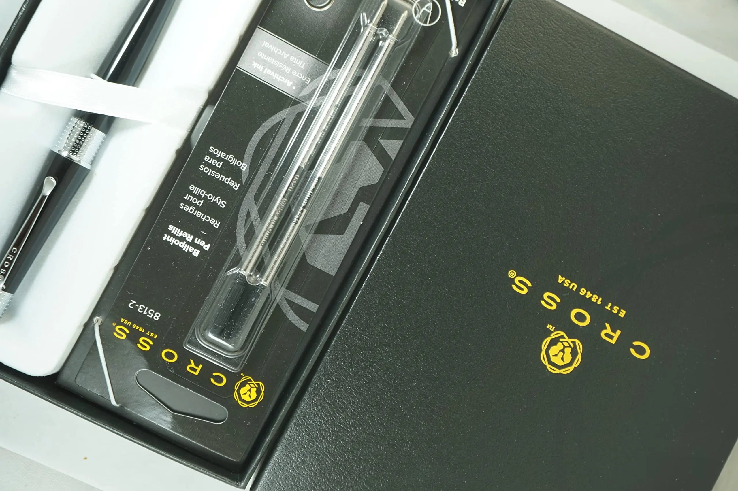 Cross Beverly Pearlescent Black with Pronounced Center Band, Contemporary Clip and Sophisticated Finishes Medium Point Ballpoint Pen + 2 Cross Ballpoint Refills, Black Ink in Corporate Gift Box Cross