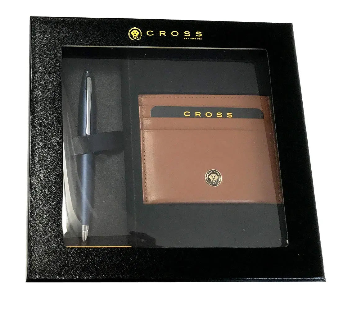Cross Calais Matte Midnight Blue Pen w/Torero Leather Tan Card Case - crosspenmall.com