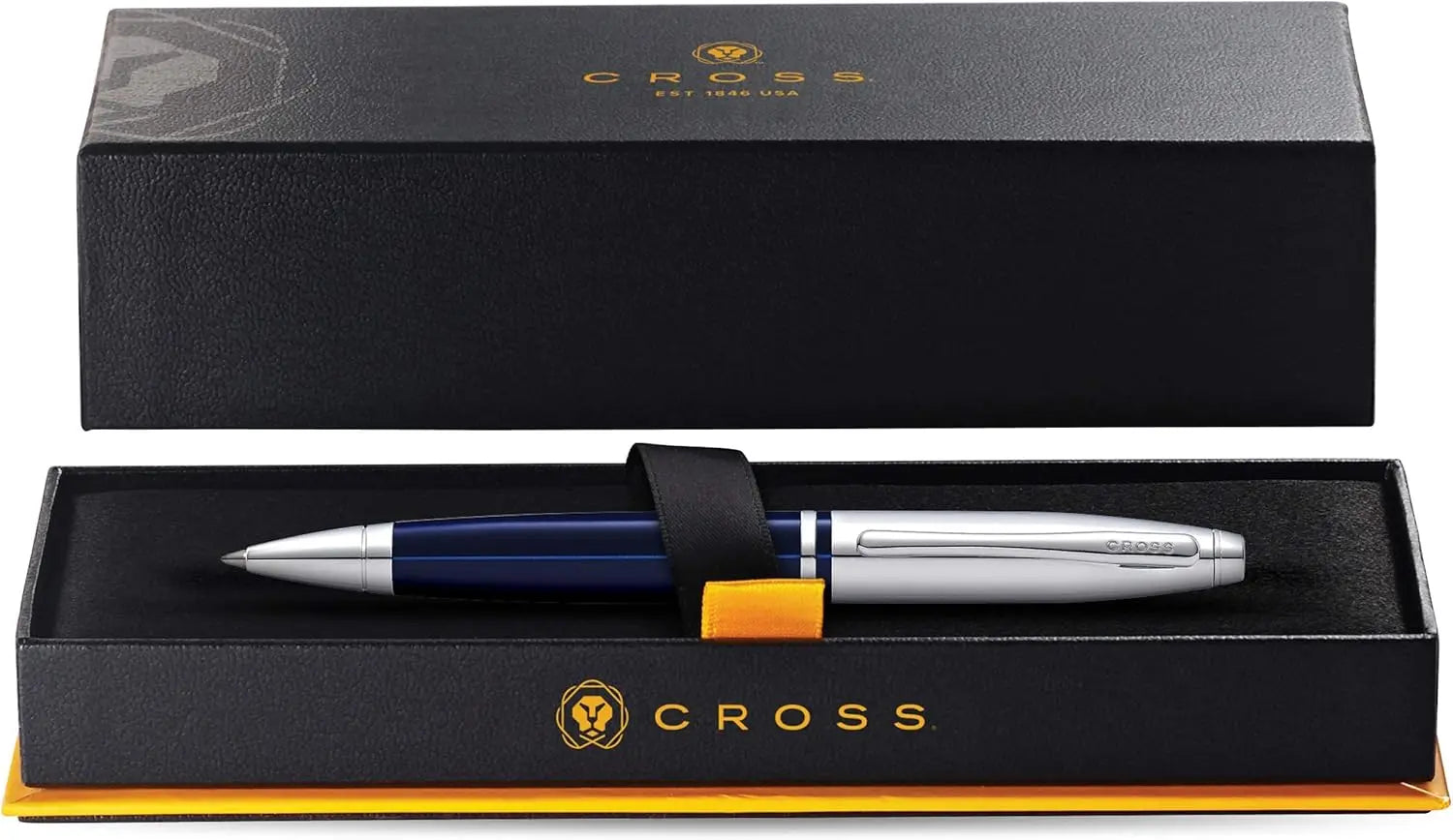 Cross Calais Refillable Ballpoint Pen Presented in a Luxury Gift Box - Medium Point, Black Ink, Chrome & Blue Cross