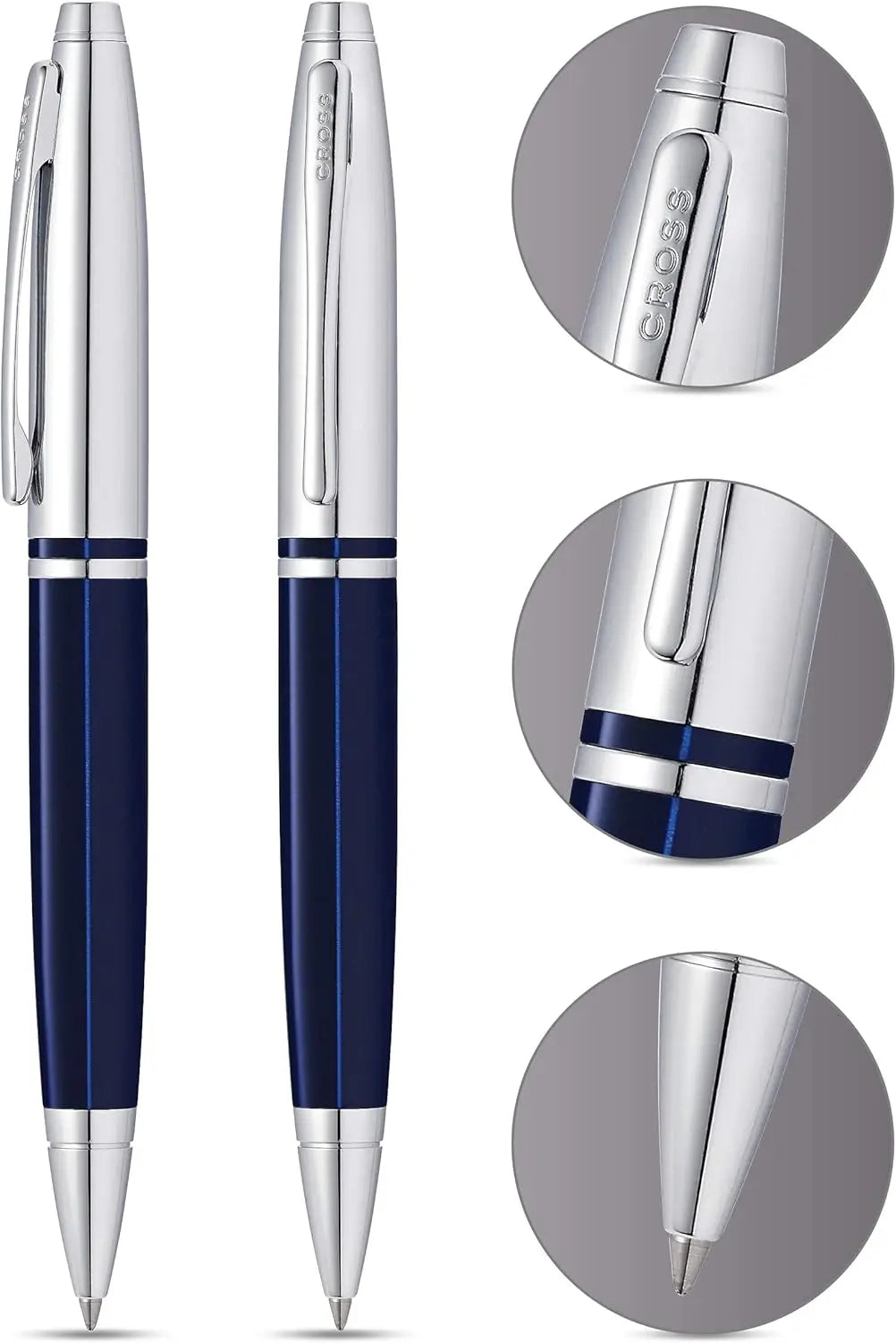 Cross Calais Refillable Ballpoint Pen Presented in a Luxury Gift Box - Medium Point, Black Ink, Chrome & Blue Cross