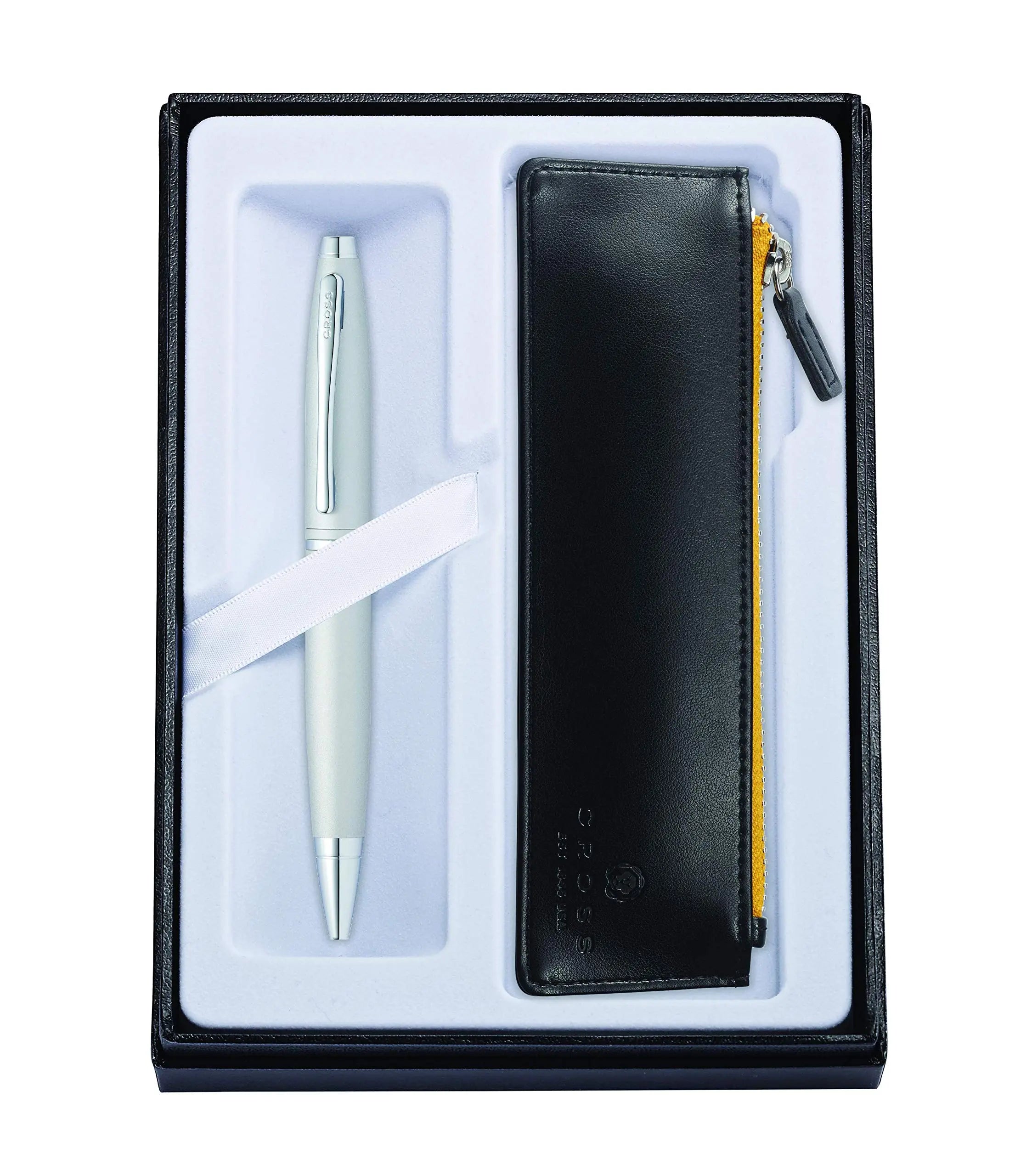 Cross Calais Satin Chrome Refillable Ballpoint Pen and Zip Pen Pouch Gift Set, Includes Premium Gift Box - Classic Black Cross