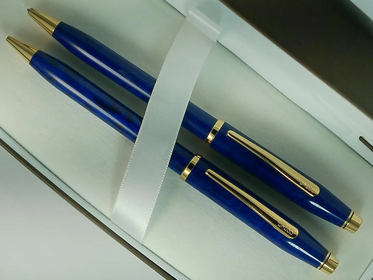 Cross Century II Blue Wood Lacquer Pen and 0.5MM Pencil Set, 23KT Gold Appointments, Made in USA, in Luxury Gift Box cross