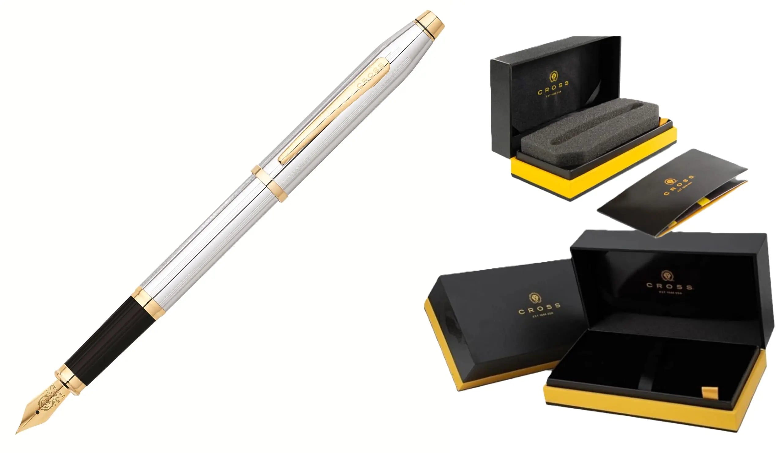 Cross Century® II Medalist® Polished Chrome with Incise Lines, 23KT Gold-Plated Appointments and 23KT Gold-Plated Medium Nib Fountain Pen in Luxury Gift Box Cross