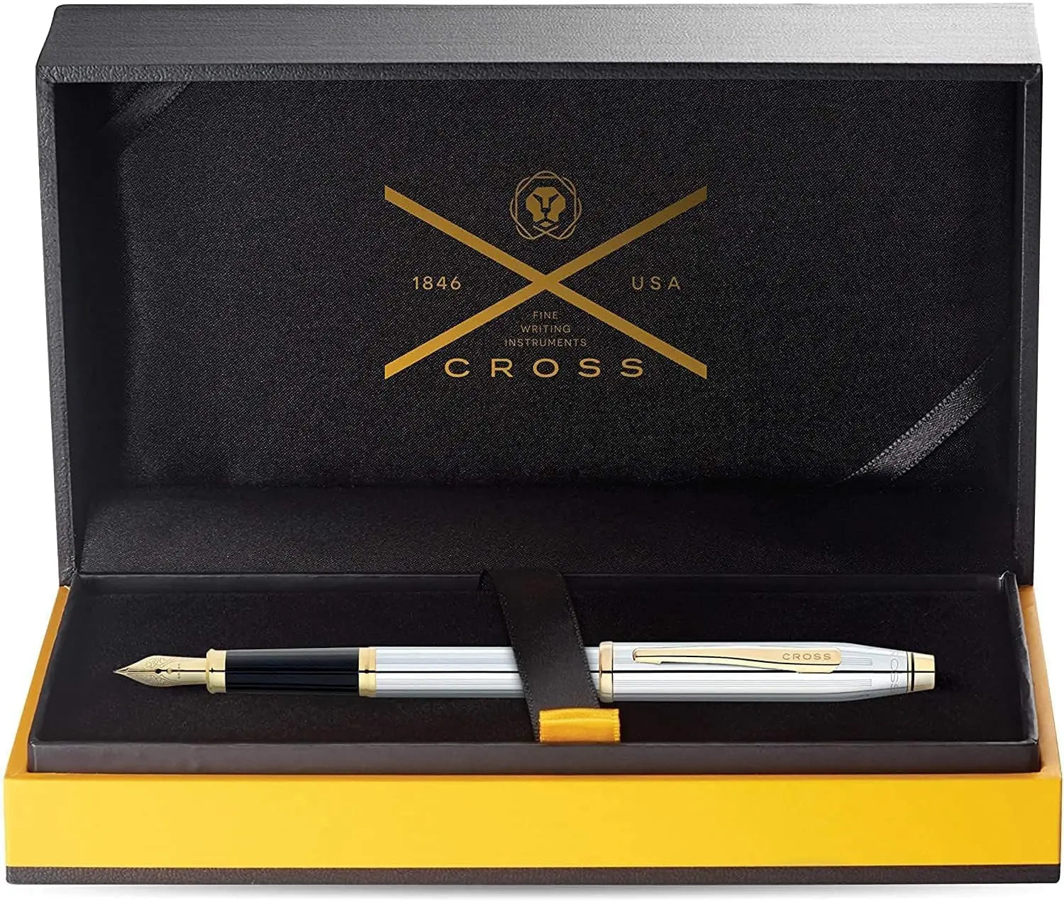 Cross Century® II Medalist® Polished Chrome with Incise Lines, 23KT Gold-Plated Appointments and 23KT Gold-Plated Medium Nib Fountain Pen in Luxury Gift Box Cross