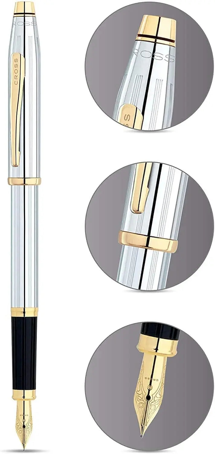 Cross Century® II Medalist® Polished Chrome with Incise Lines, 23KT Gold-Plated Appointments and 23KT Gold-Plated Medium Nib Fountain Pen in Luxury Gift Box Cross