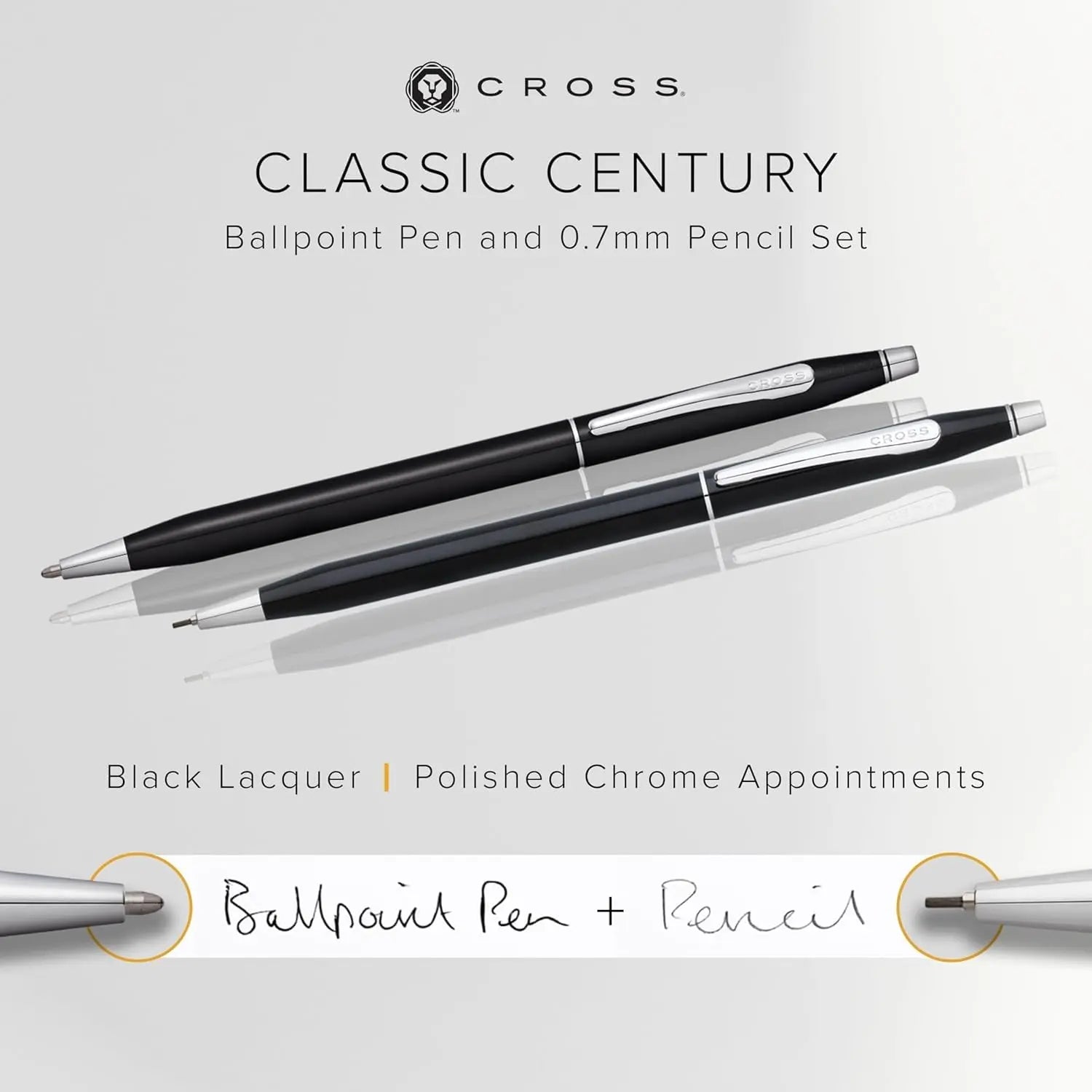 Cross Classic Century Black Lacquer Pen and Pencil Gift Set, 0.7MM Pencil, Medium Point Pen, Black Ink, Luxury Corporate Gift Box Cross