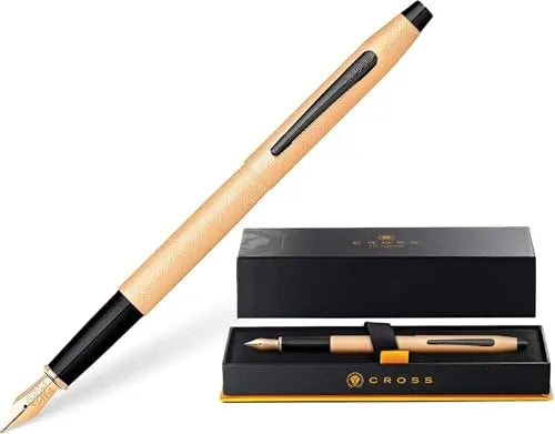 Cross Classic Century Fountain Pen, Fine Point, Rose Gold Barrel, Black PVD Appointments, Sandblasted Diamond Pattern, with Premium Gift Box Cross