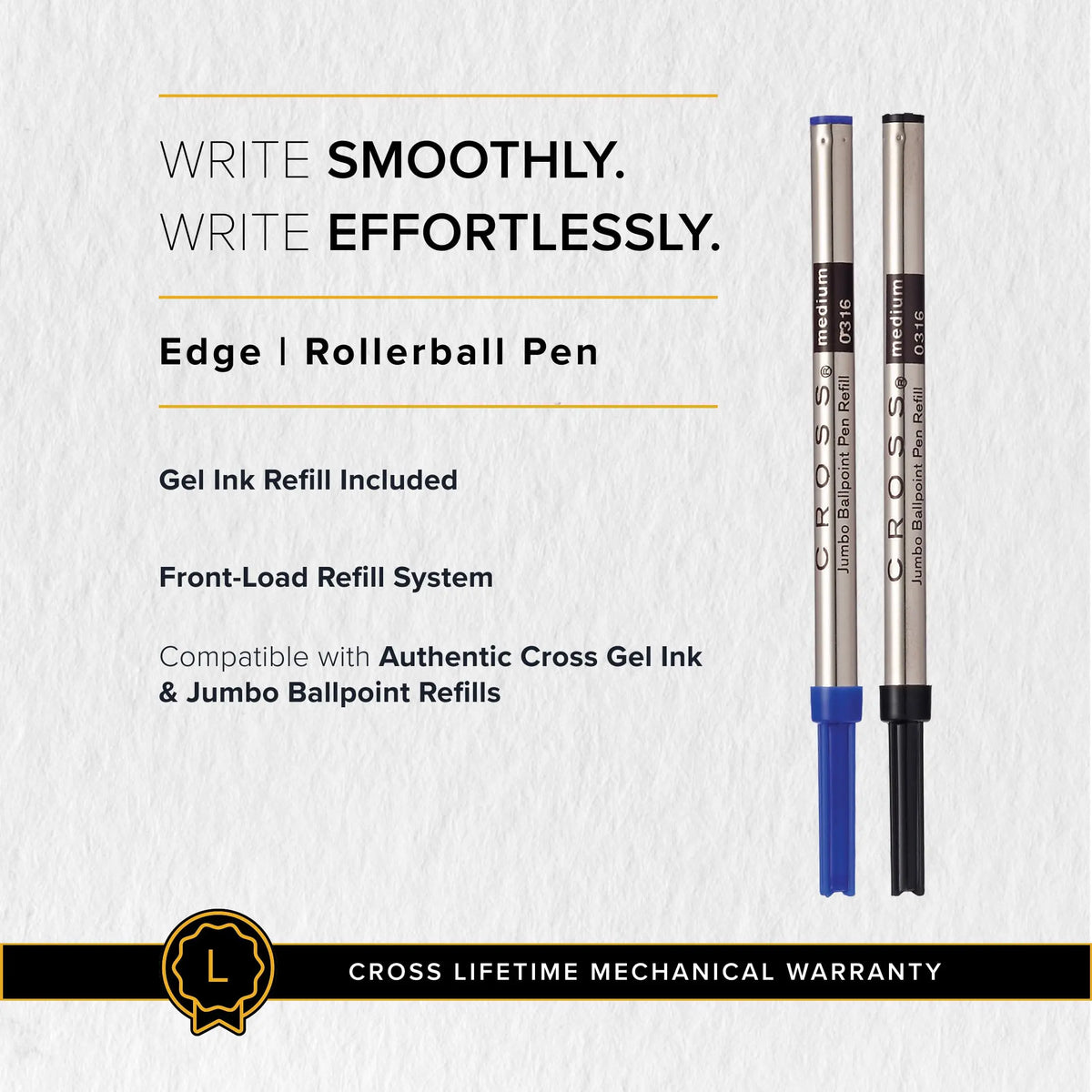 Cross Edge Lacquer Gel Rollerball Pen, Black Ink - Elegant Accessory for Effortless Writing - Capless Slide-Open & Snap-Shut Design - Ergonomic Shape - Comfortable Grip - Ideal Gift cross