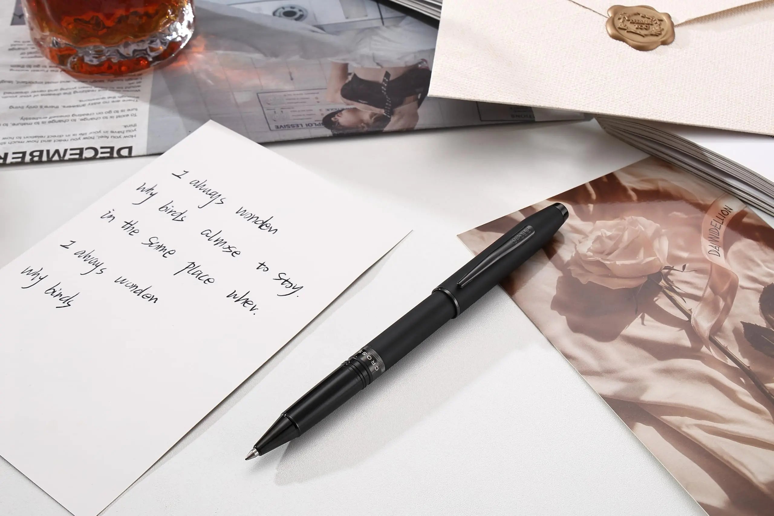 Cross Foundry Matte Black Lacquer with Signature double center ring Selectip Rollerball Pen with PVD Black Appointments in Premium Luxury Gift Box Cross