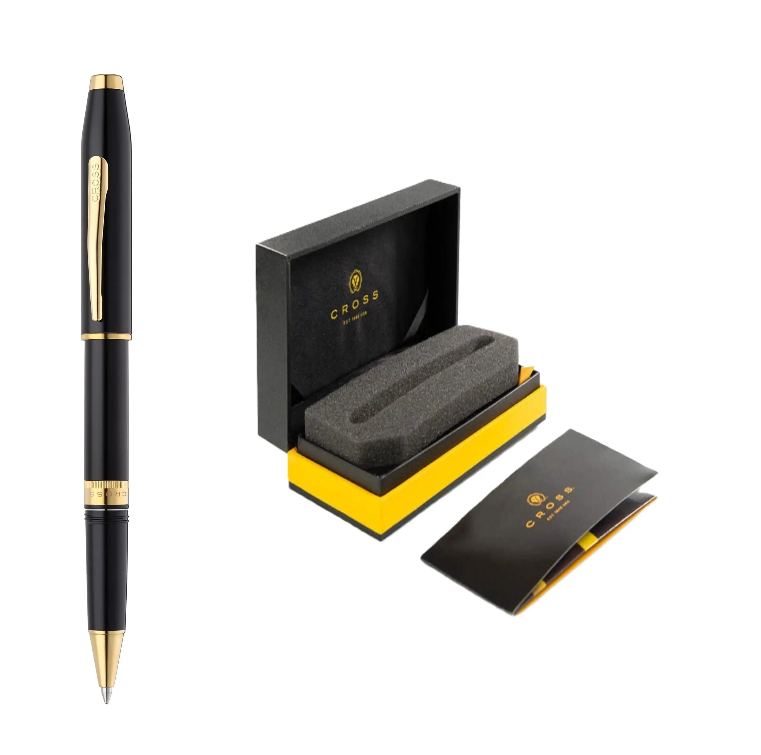 Cross Foundry Pearlescent Black Lacquer Signature double center ring Selectip Rollerball Pen with Lustrous PVD Gold Appointments in Premium Luxury Gift Box Cross