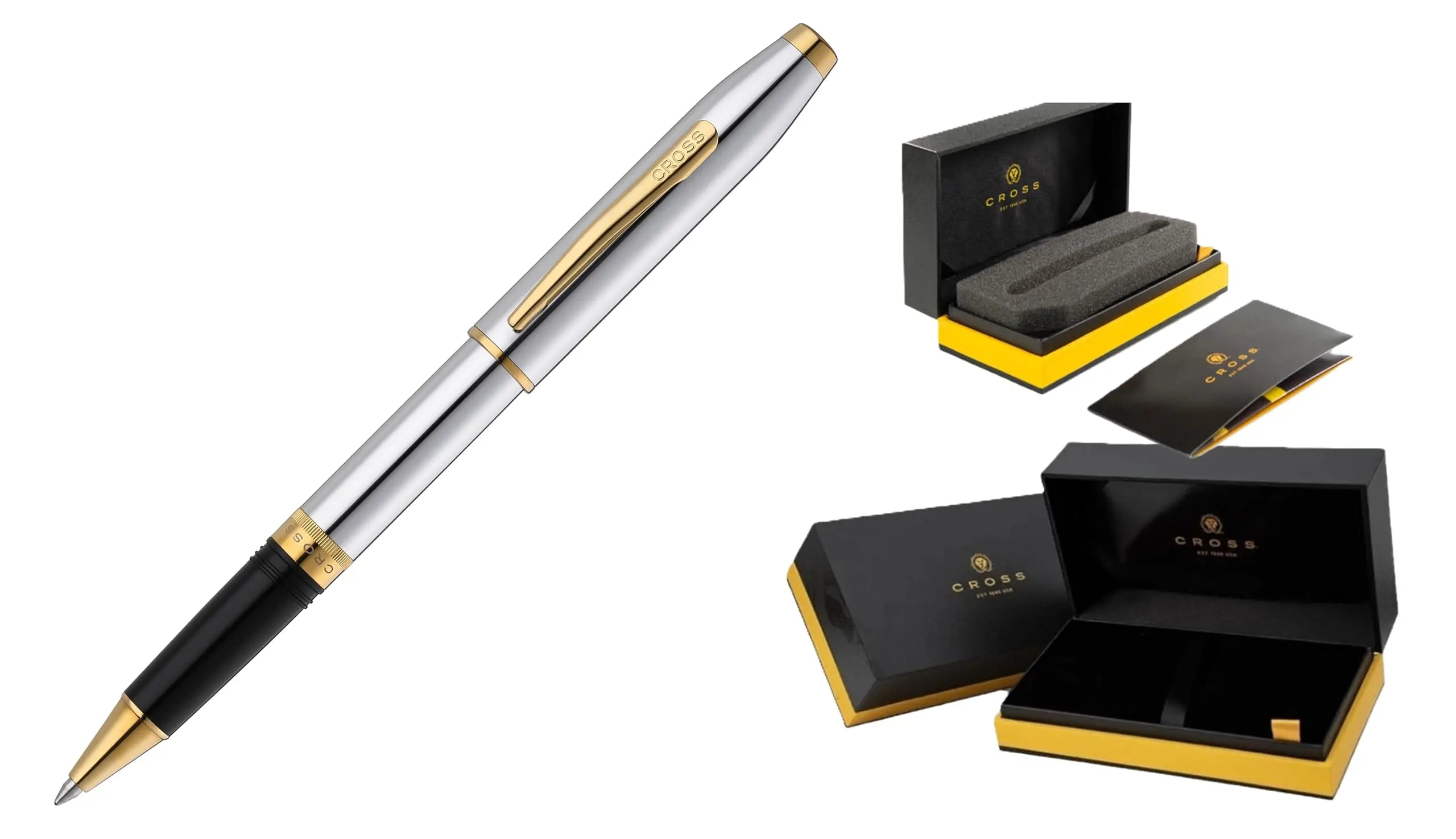 Cross Foundry Pearlescent Polished Chrome and Signature double center ring Rollerball Pen with Lustrous PVD Gold Appointments in Premium Luxury Gift Box Cross
