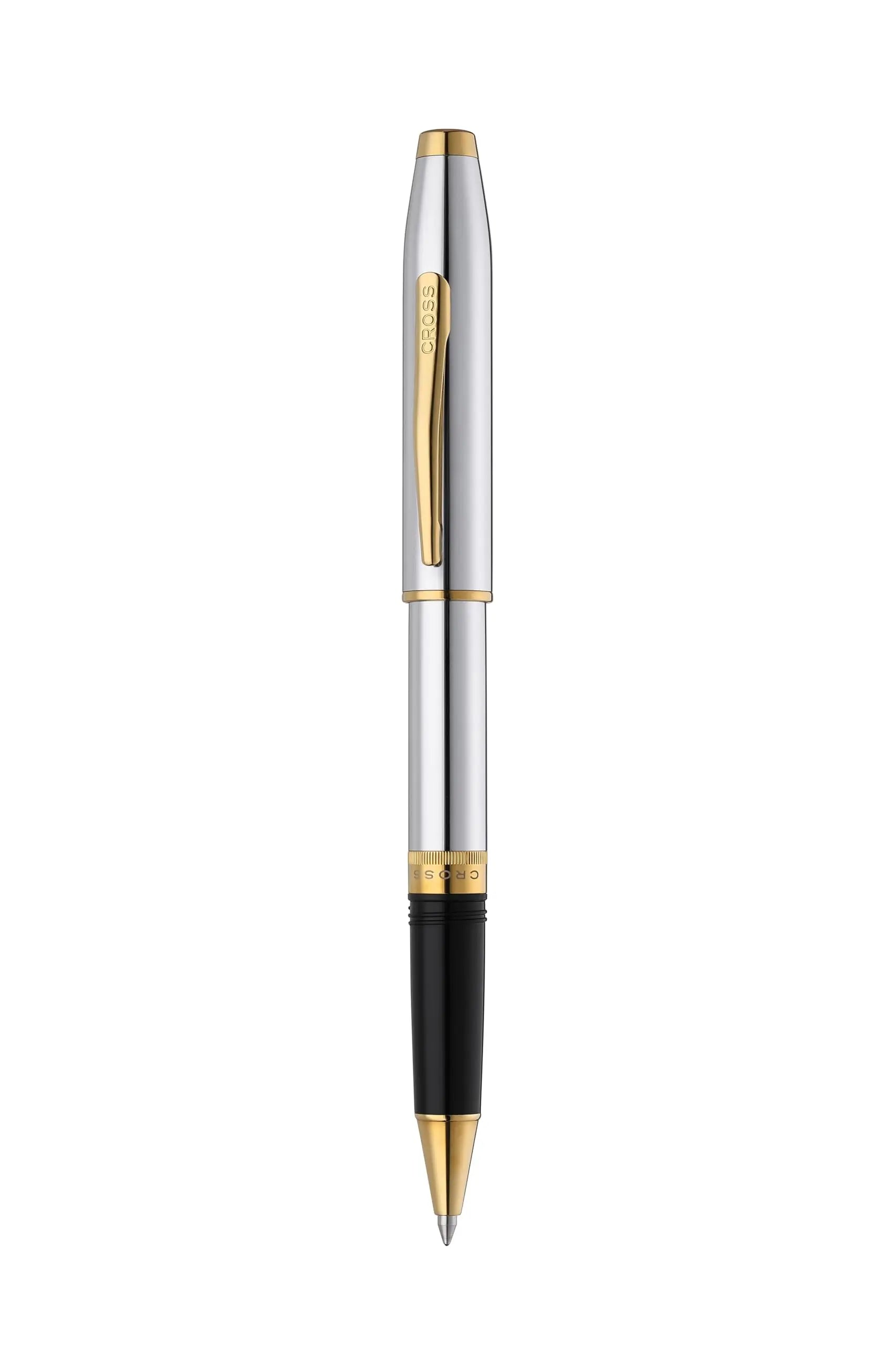 Cross Foundry Pearlescent Polished Chrome and Signature double center ring Rollerball Pen with Lustrous PVD Gold Appointments in Premium Luxury Gift Box Cross