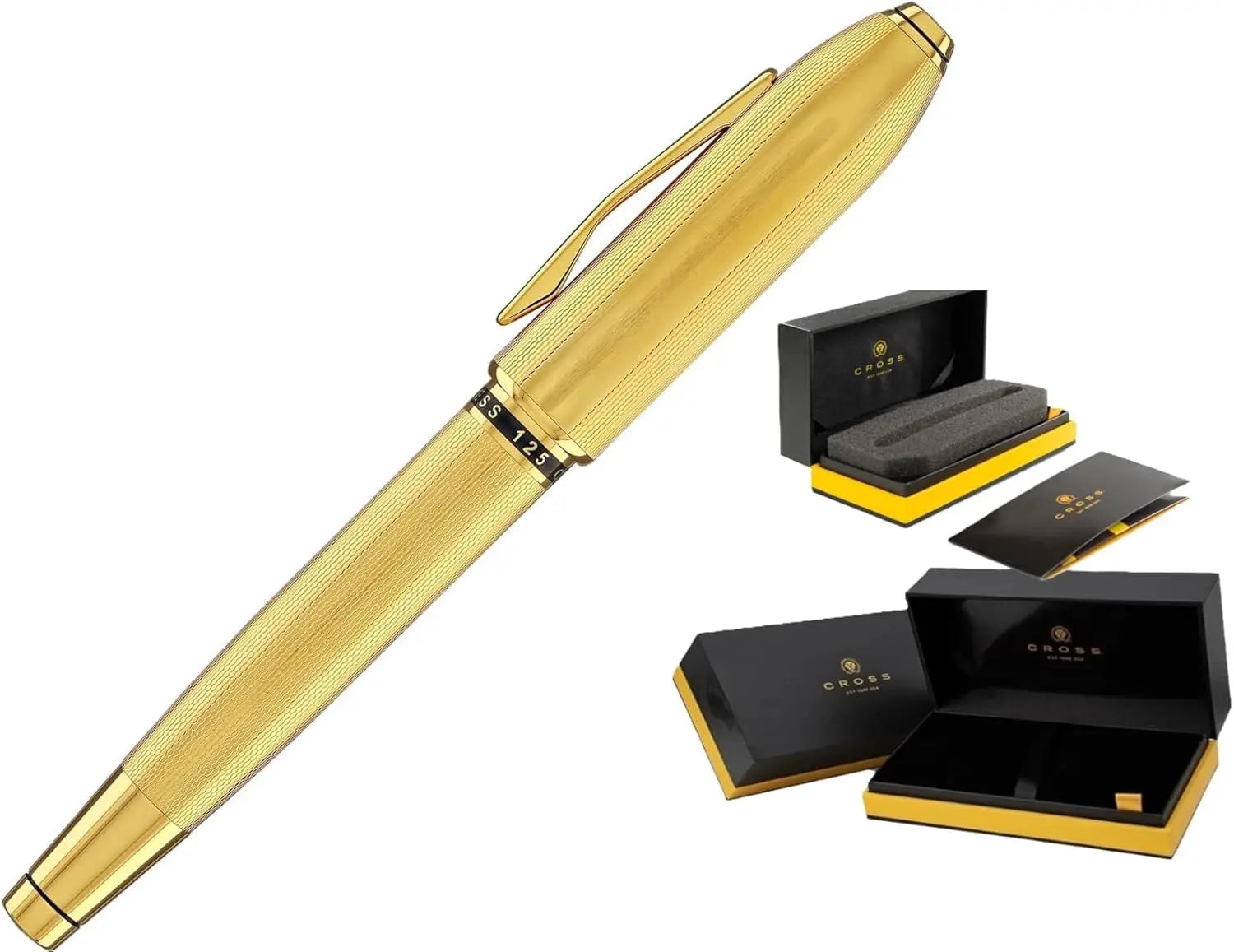 Cross Limited Collection Peerless™ 18KT Gold Fine Nib Fountain Pen with Engraved 23KT Heavy Gold Plate Diamond Pattern Barrel, Swarovski™ Crystal & Engravable Panel, in Luxury Gift Box Cross