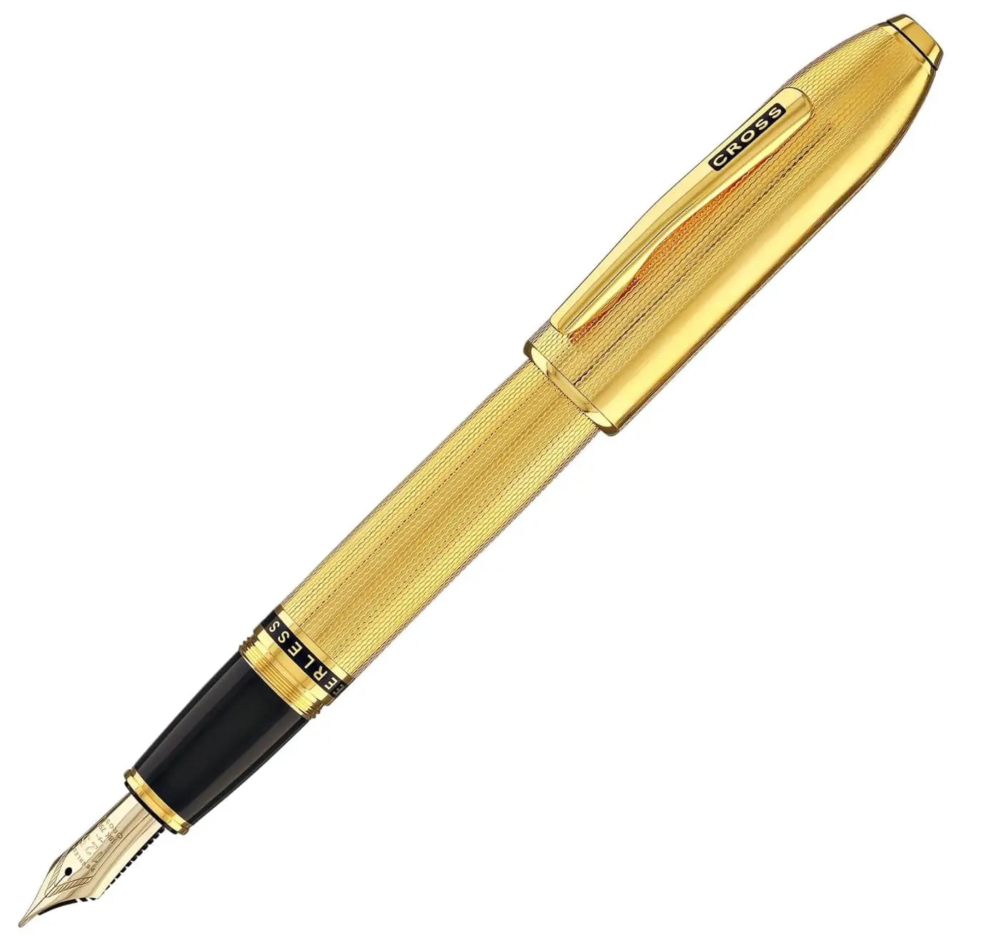 Cross Limited Collection Peerless™ 18KT Gold Fine Nib Fountain Pen with Engraved 23KT Heavy Gold Plate Diamond Pattern Barrel, Swarovski™ Crystal & Engravable Panel, in Luxury Gift Box Cross
