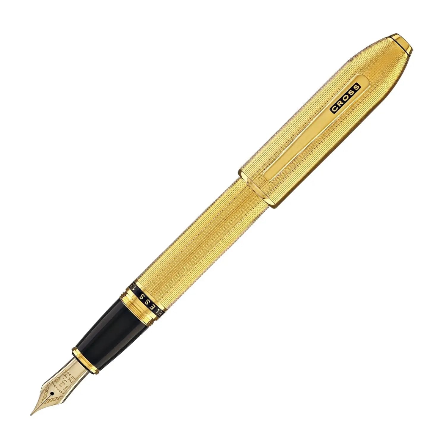 Cross Limited Collection Peerless™ 18KT Gold Fine Nib Fountain Pen with Engraved 23KT Heavy Gold Plate Diamond Pattern Barrel, Swarovski™ Crystal & Engravable Panel, in Luxury Gift Box Cross