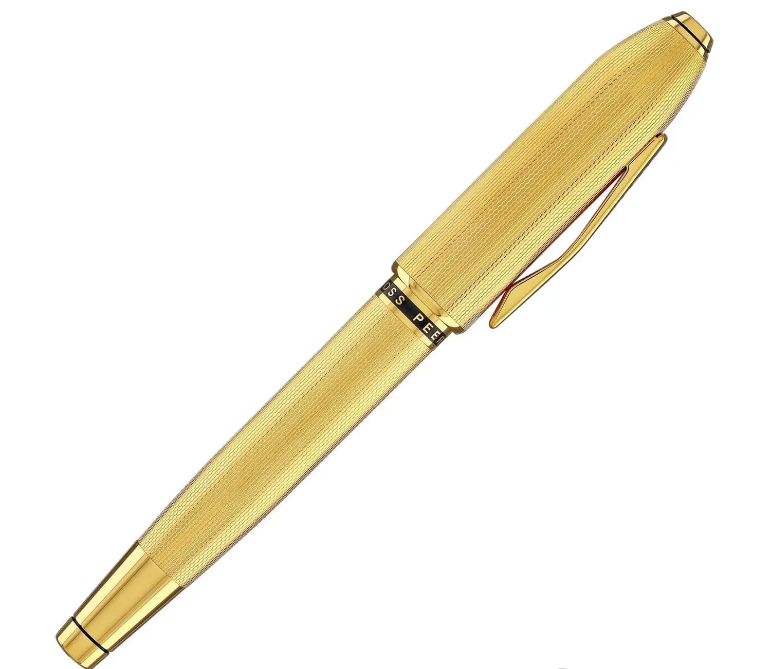 Cross Limited Collection Peerless™ 18KT Gold Fine Nib Fountain Pen with Engraved 23KT Heavy Gold Plate Diamond Pattern Barrel, Swarovski™ Crystal & Engravable Panel, in Luxury Gift Box Cross