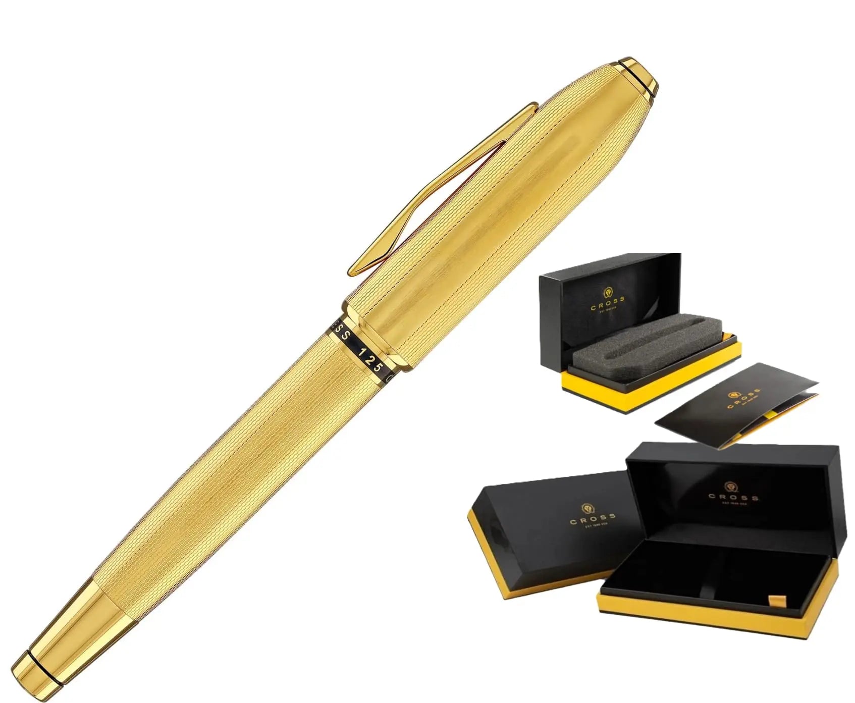 Cross Limited Collection Peerless™ Rollerball Pen with 23KT Heavy Gold Plate,Engraved Diamond Pattern, Gold Plated Appointments, Swarovski™ Crystal and Engravable Panel, in Luxury Gift Box Cross