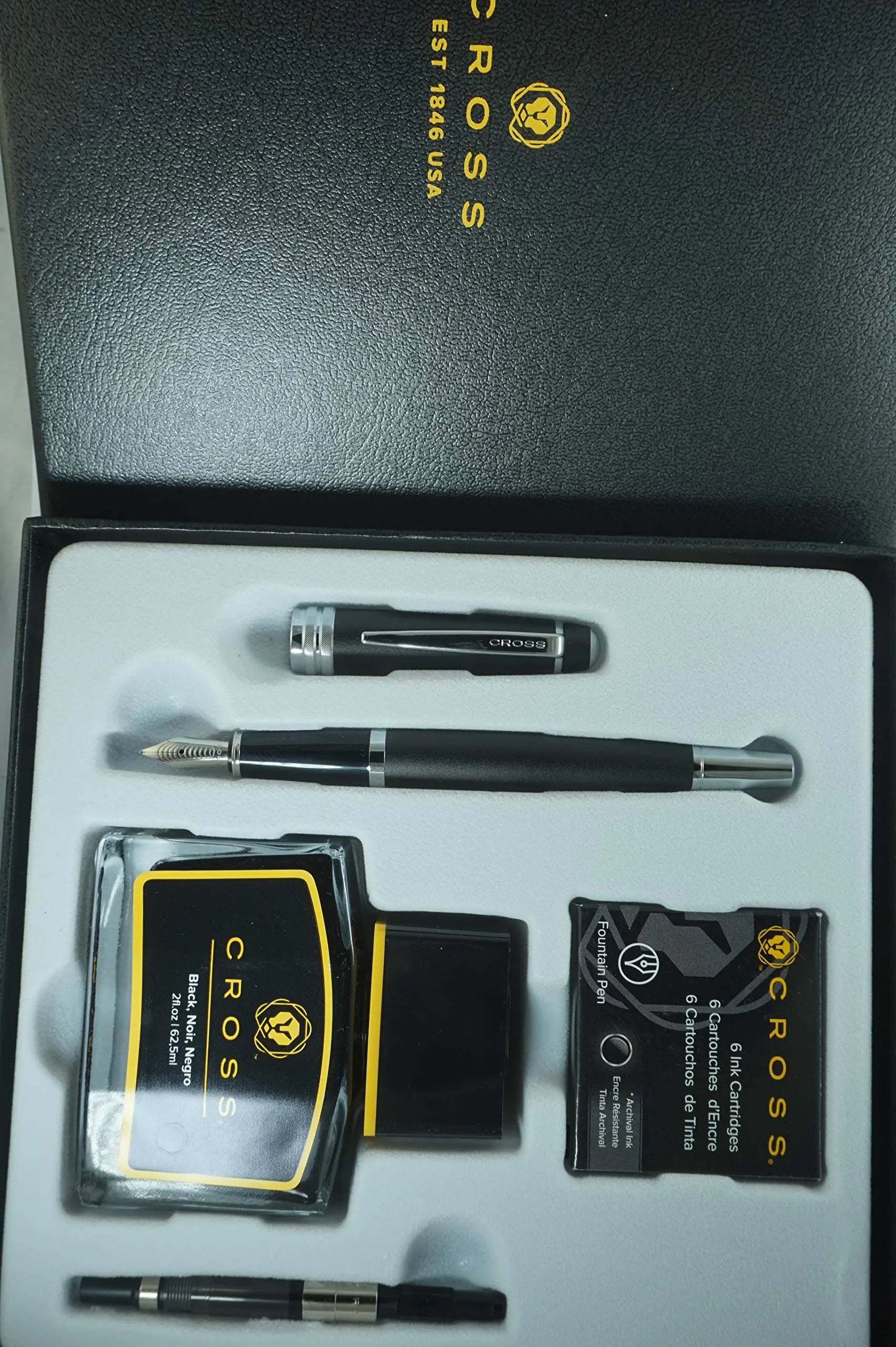 Cross Limited Series Diamond Cut Multi-groove Center Ring Bailey Fountain Pen Gift Set with Bottled Ink, Converter and 6 Ink Cartridges - Matte Black (AT0456H-11MS/4)… Cross